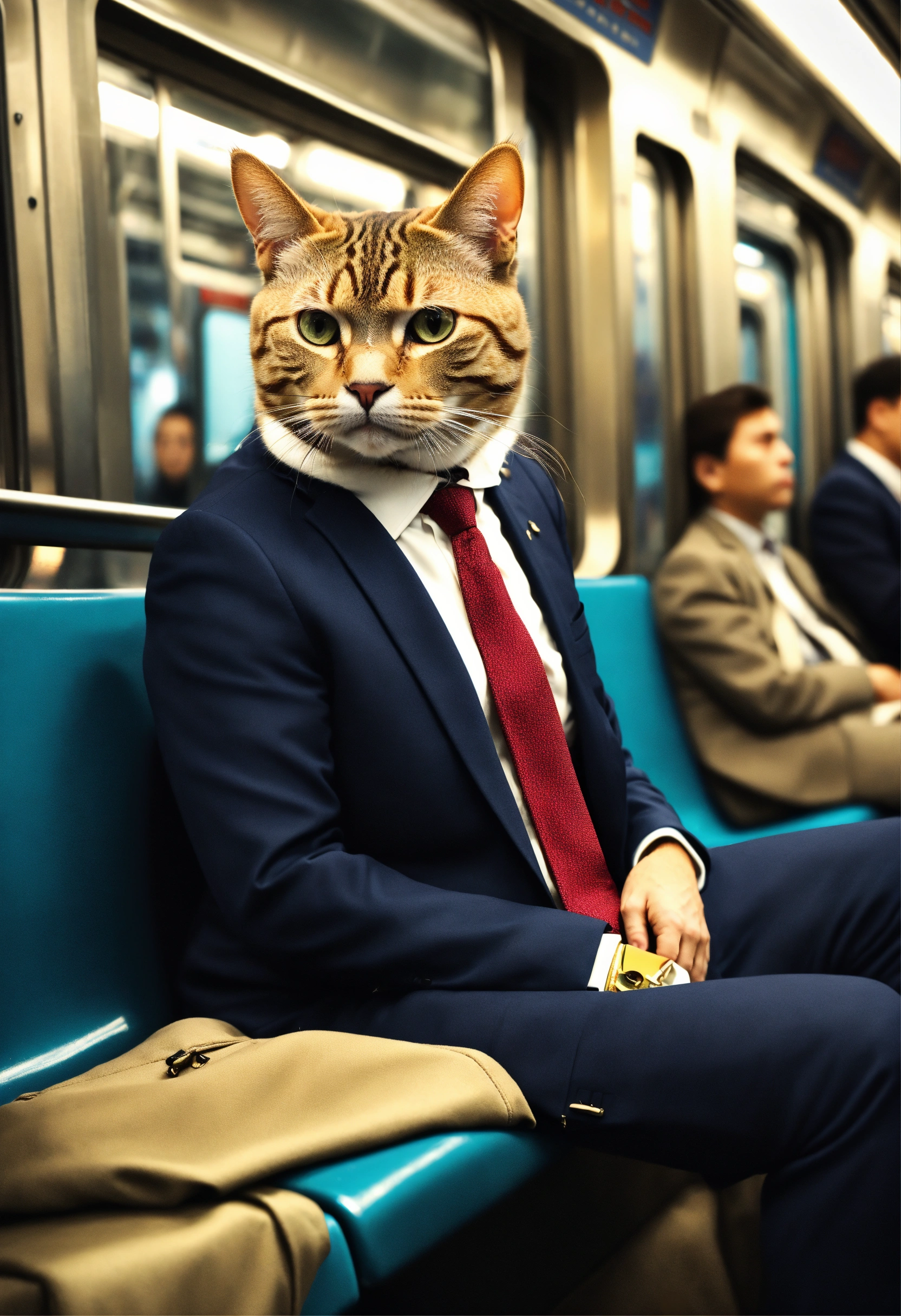Lexica - A cat in a business suit sitting in a crowded subway train ...