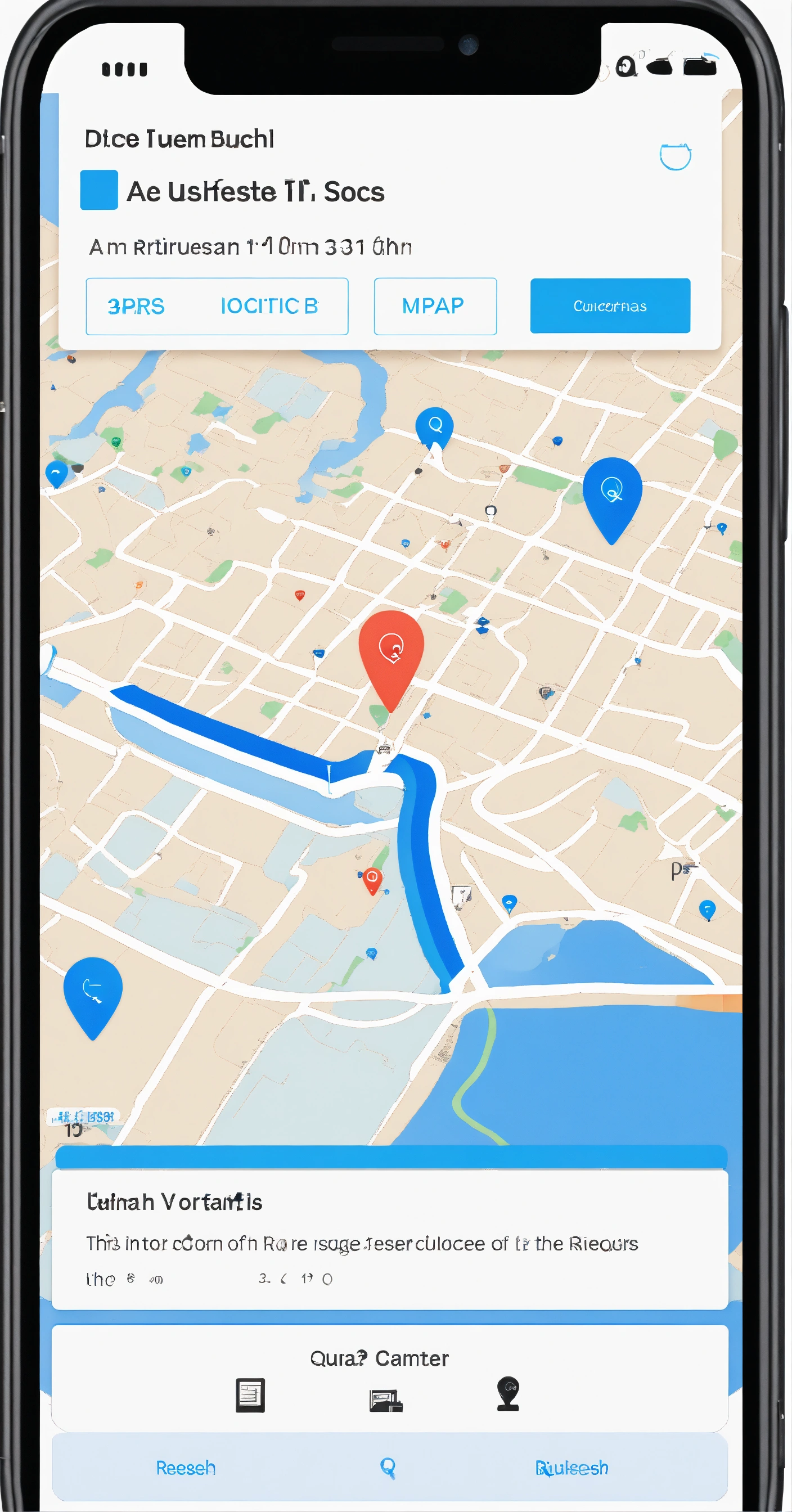 Lexica - Graphic user interface of an app, with a map of a city and a ...