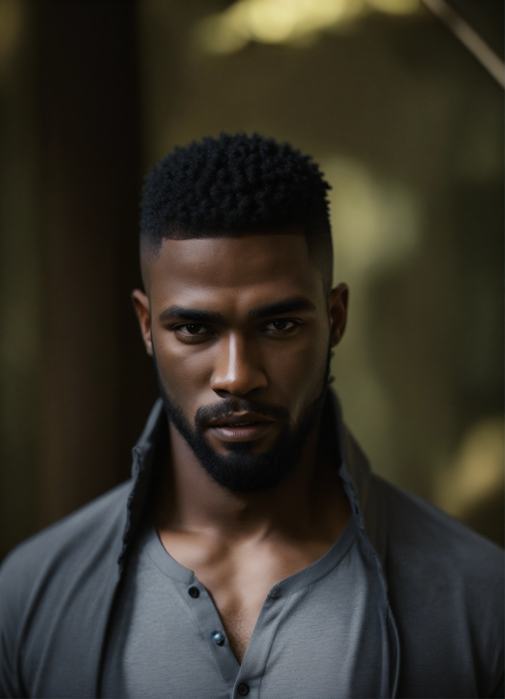 Lexica Handsome Black Male Dark Skin Beard Vampire Gray Henley