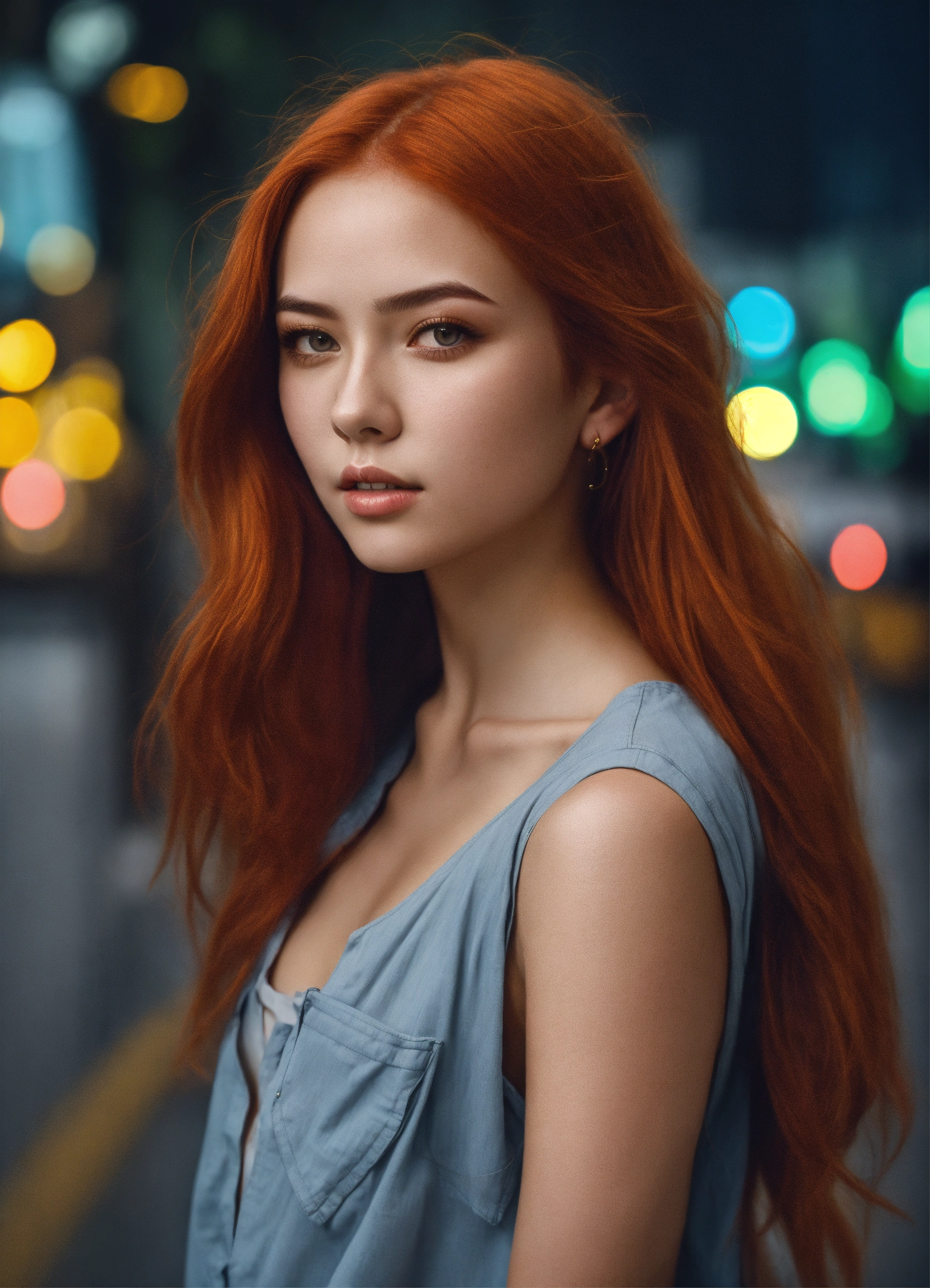 Lexica Portrait Draw Beautiful Girl Red Hair Gray Eyes Open Shirt She Walks To The Post 7115