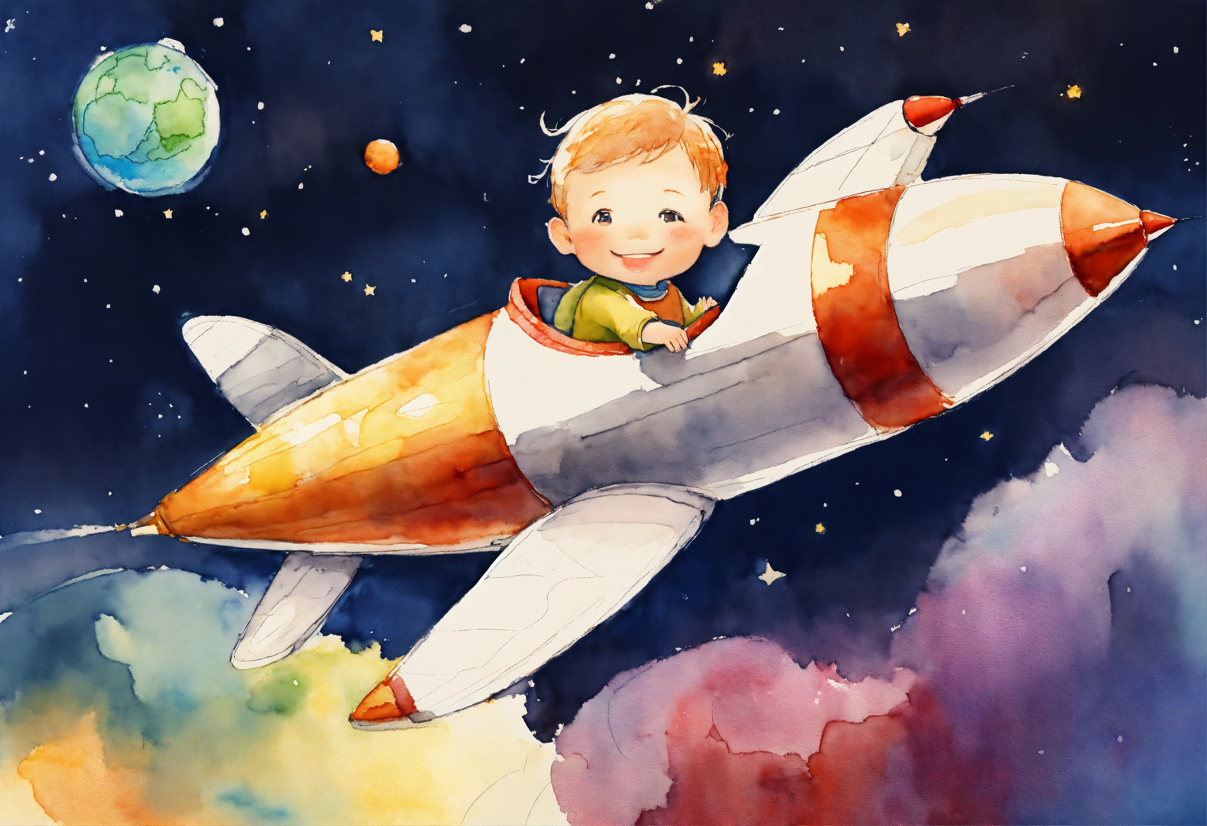 Lexica - Generate watercolor sketch of smiling child on a rocket ship ...