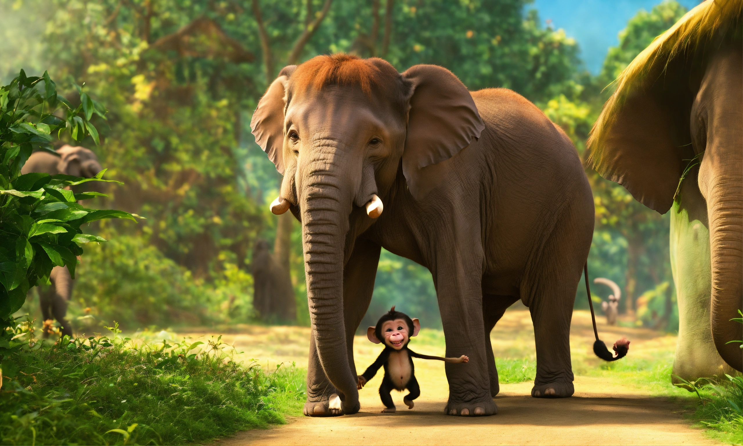Lexica - Monkey and elephat Ellie, startled at first, looked at the ...