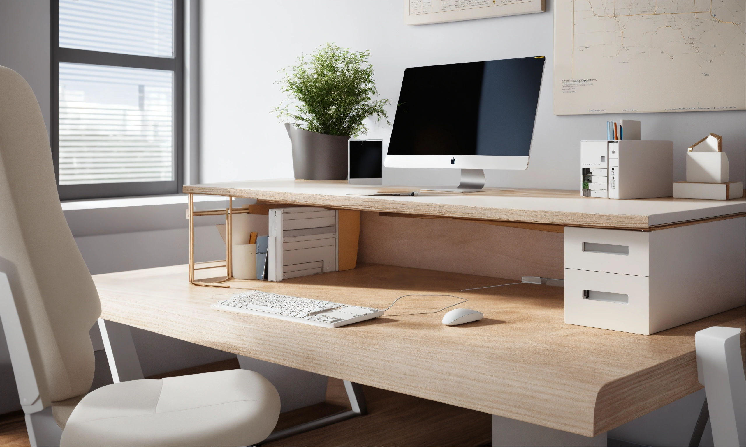 Lexica - White wood office desk, computer, close up, photo-realistic ...