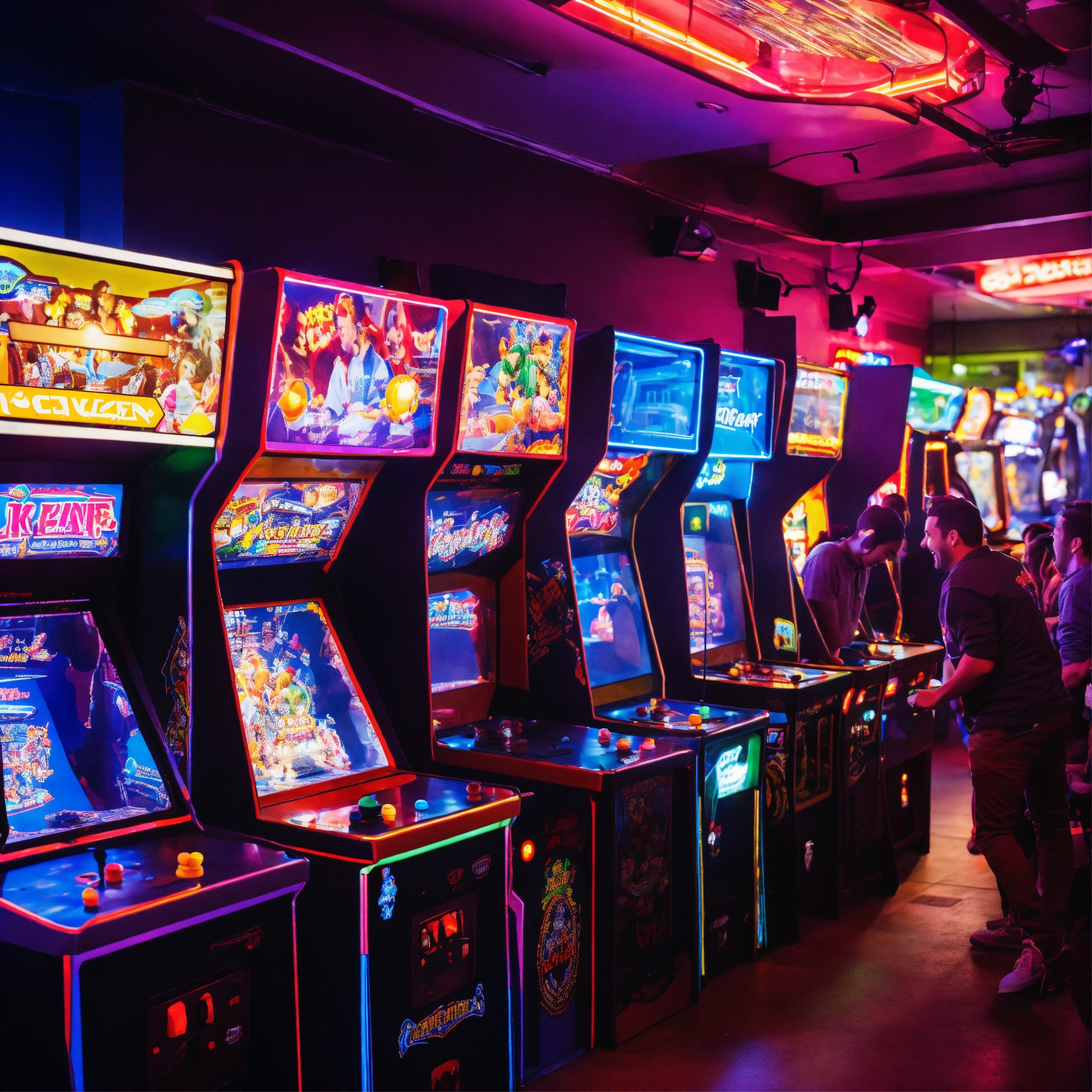 Lexica - A photo of a group of people playing arcade games. The people ...