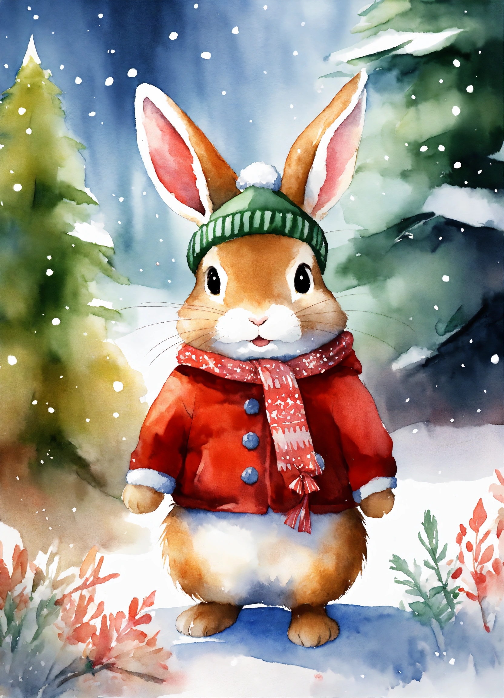 Lexica - A cute happy rabbit in forest with Christmas hat , ,snow ...