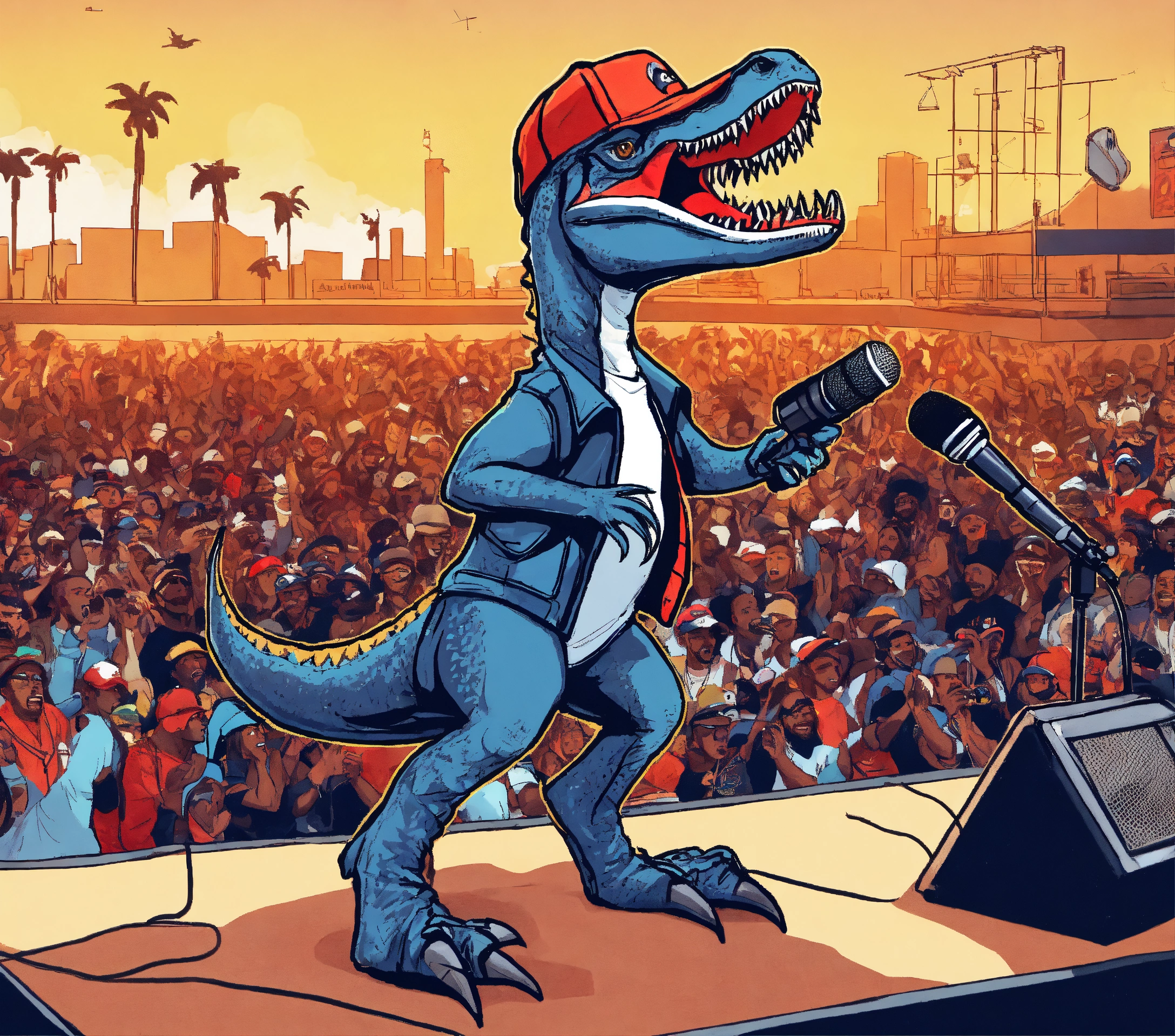 Lexica - A velociraptor dinosaur is a rap star, extremely stylish in ...