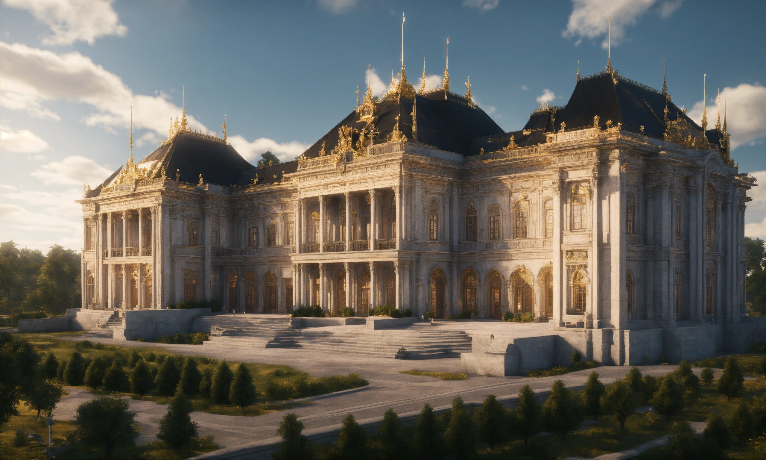 Lexica - Full image of a massive royal palace with a black roof, built ...