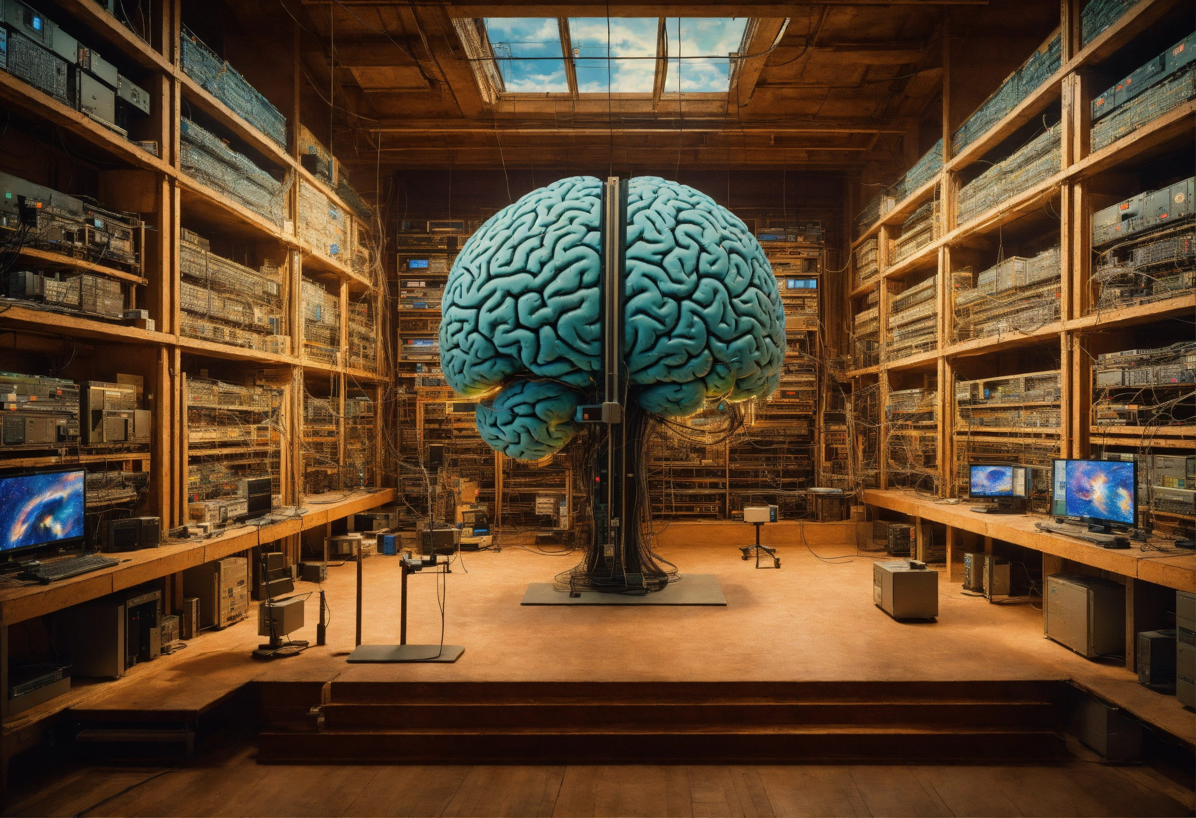 Lexica - In the center of the room, a colossal human brain is ...