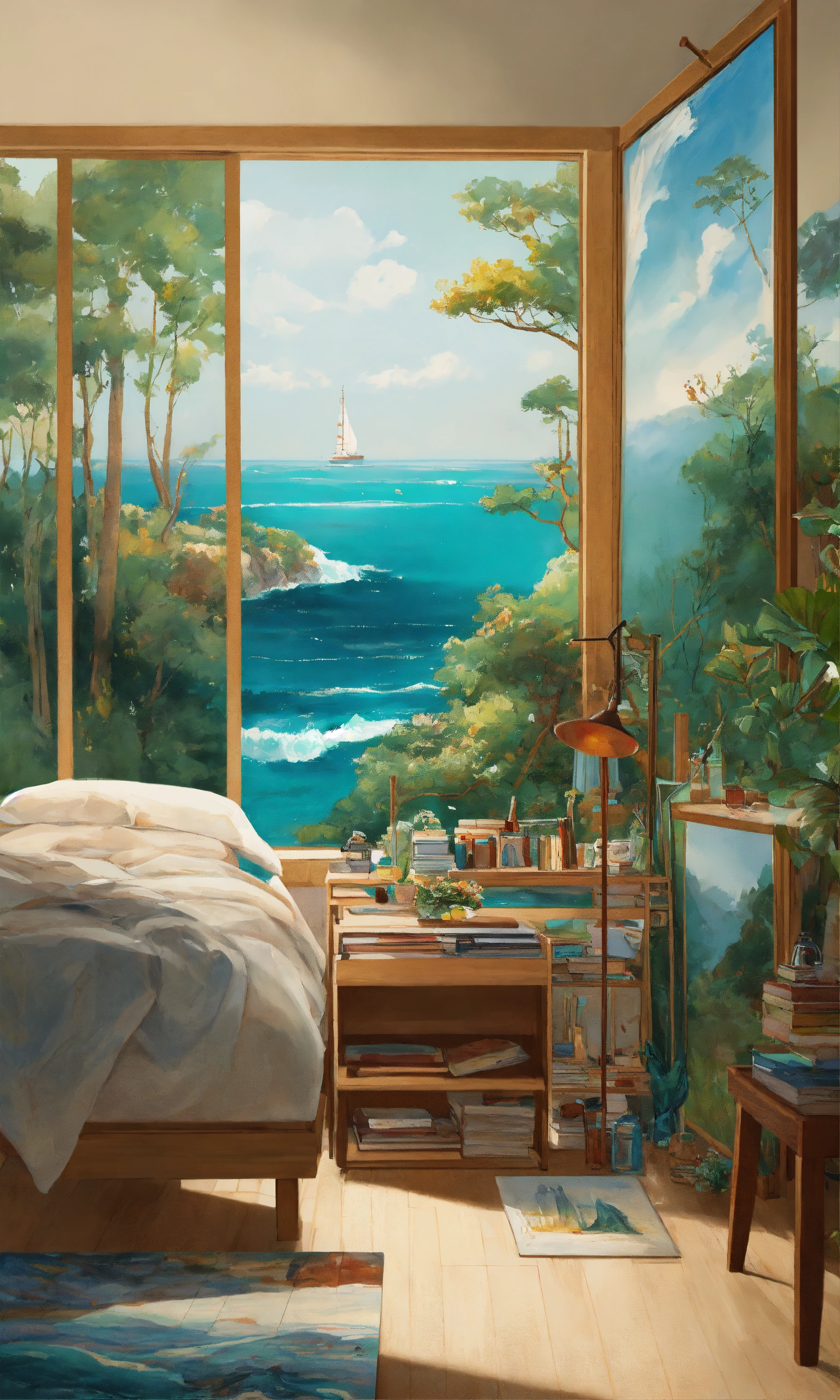 Lexica - Illustration of bedroom, and painting on canvas with painting ...