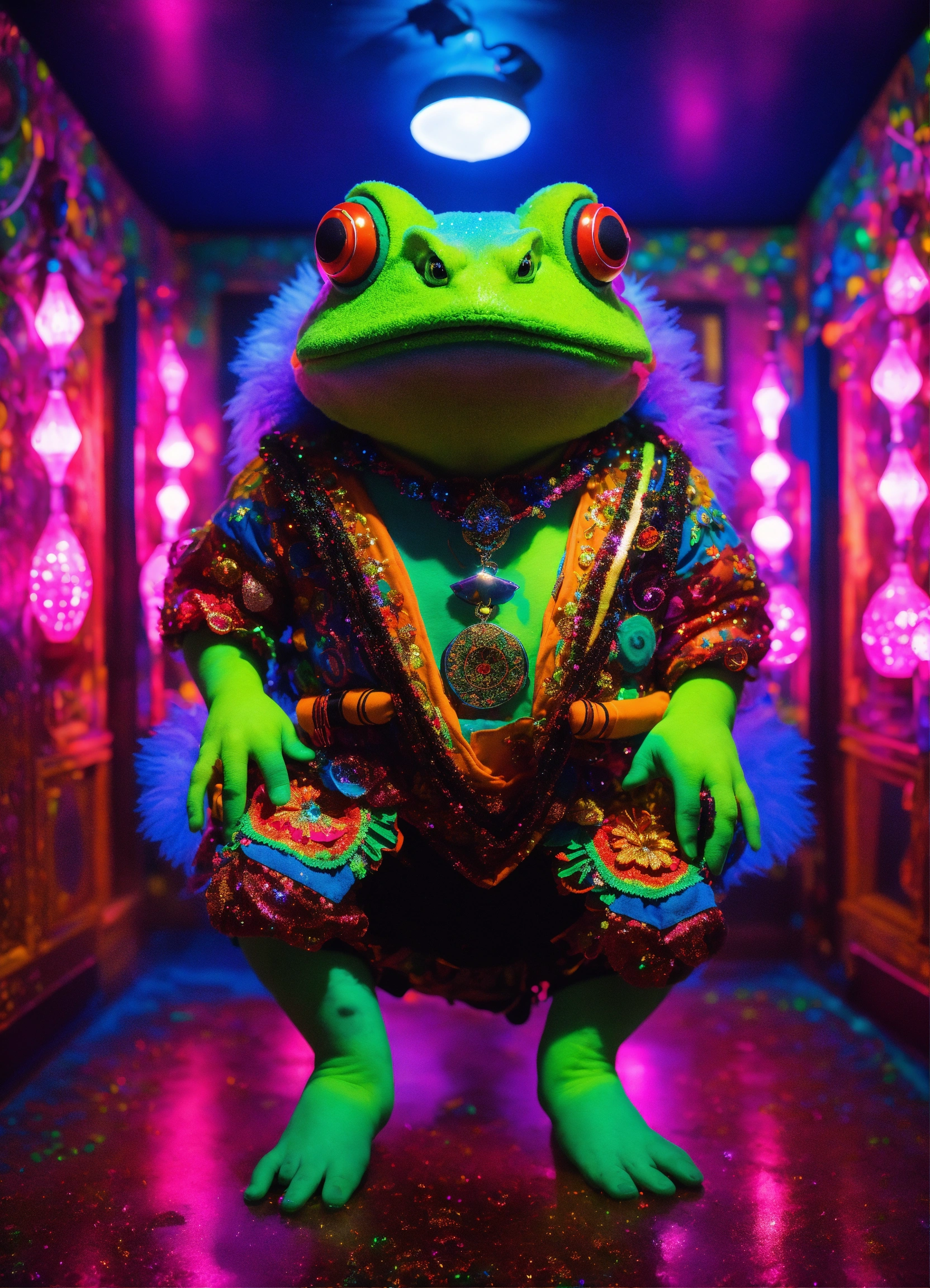 Lexica - A DMT LSD Toad in shaman folk kawaii costume in a neon black ...