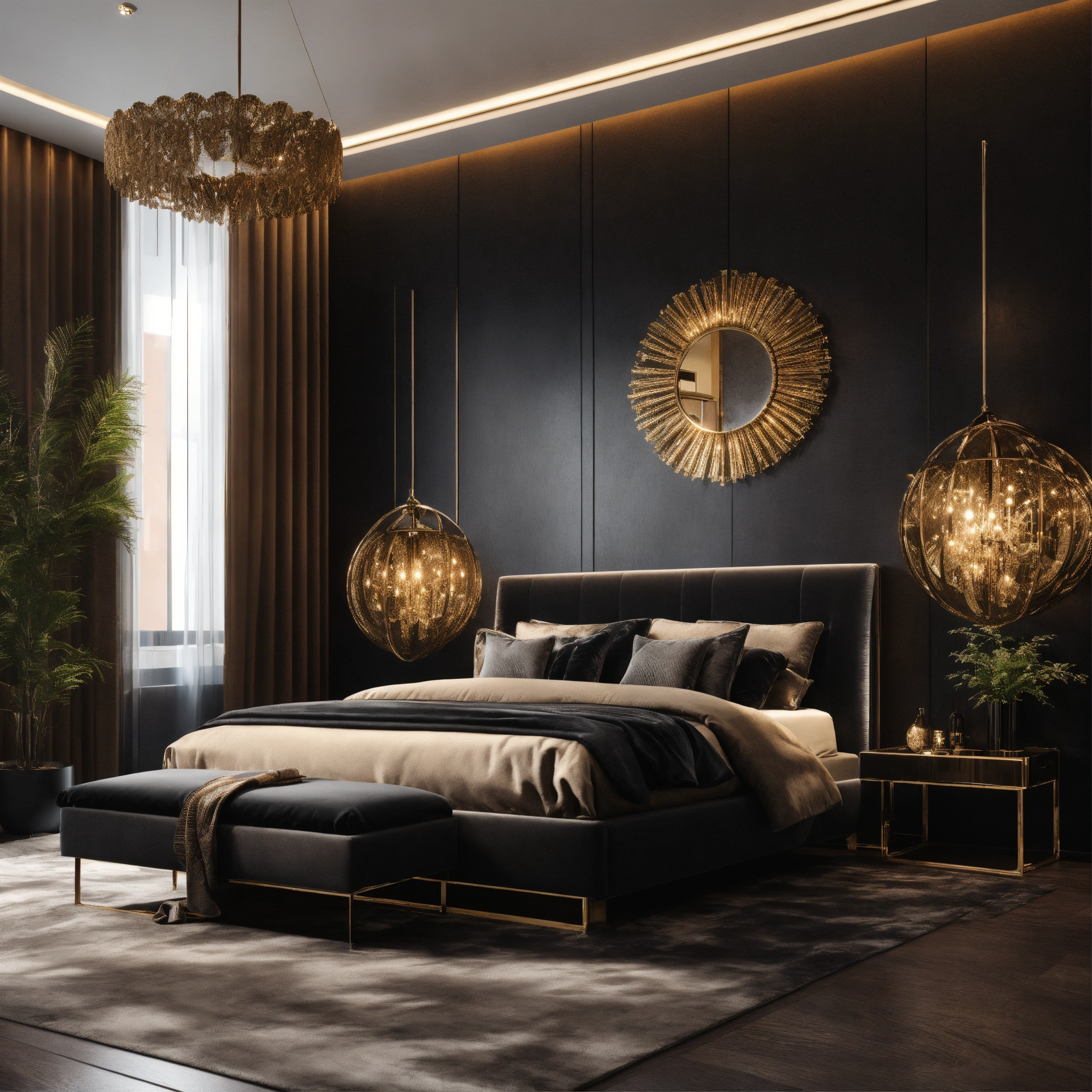 Lexica - A high-end luxury bedroom with black décor, photo realistic