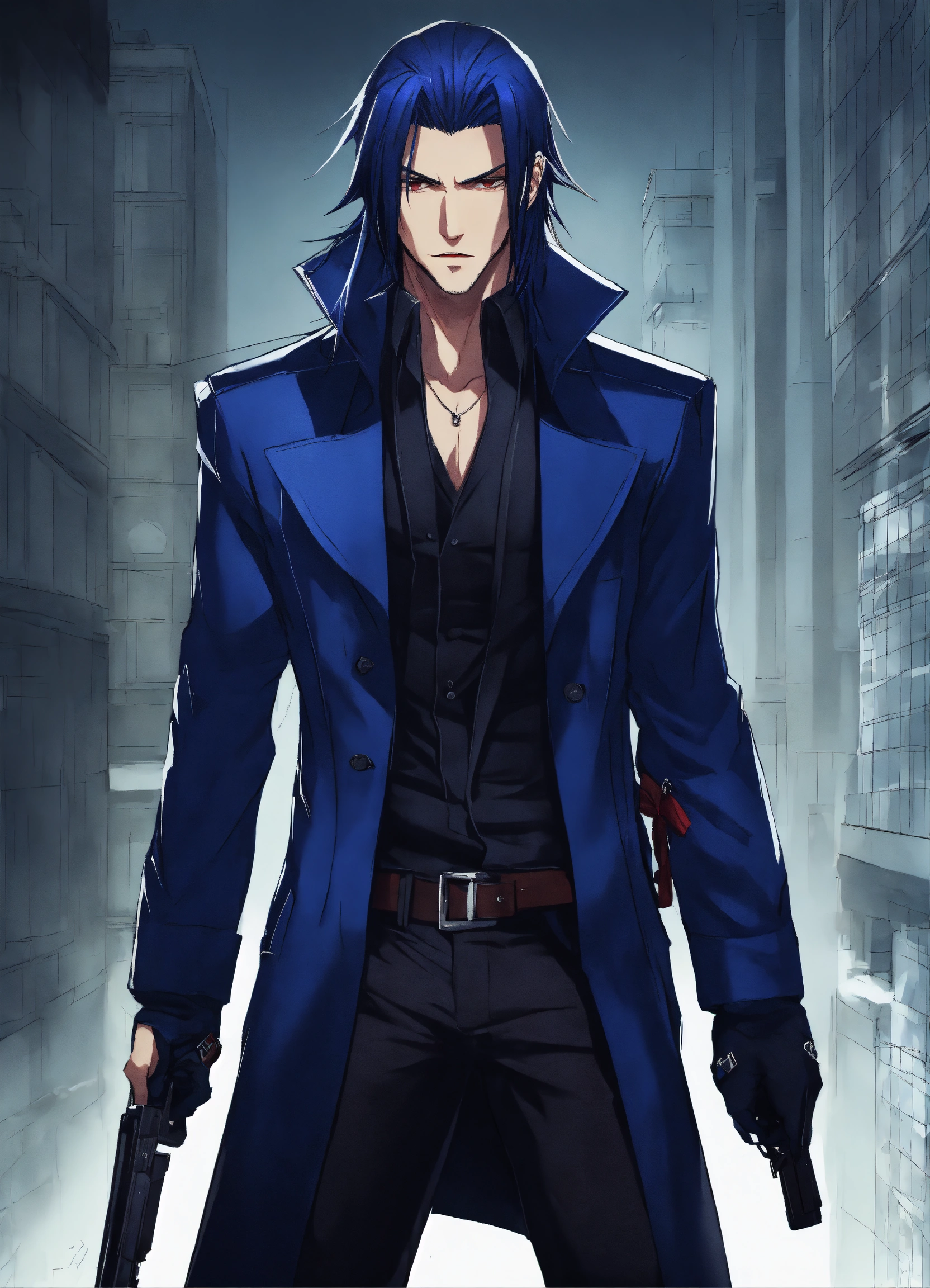 Lexica - Dark blue hair, handsome man, assassin, modern, hitman, cold  looks, long hair, anime, cartoon, cell shaded, vampire, black assassin  outfit