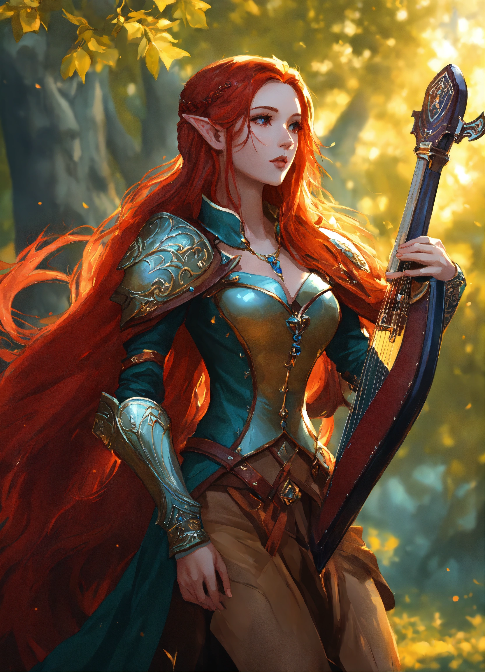Lexica - Beautiful bard female elf, long red hair, royal, leather armor ...