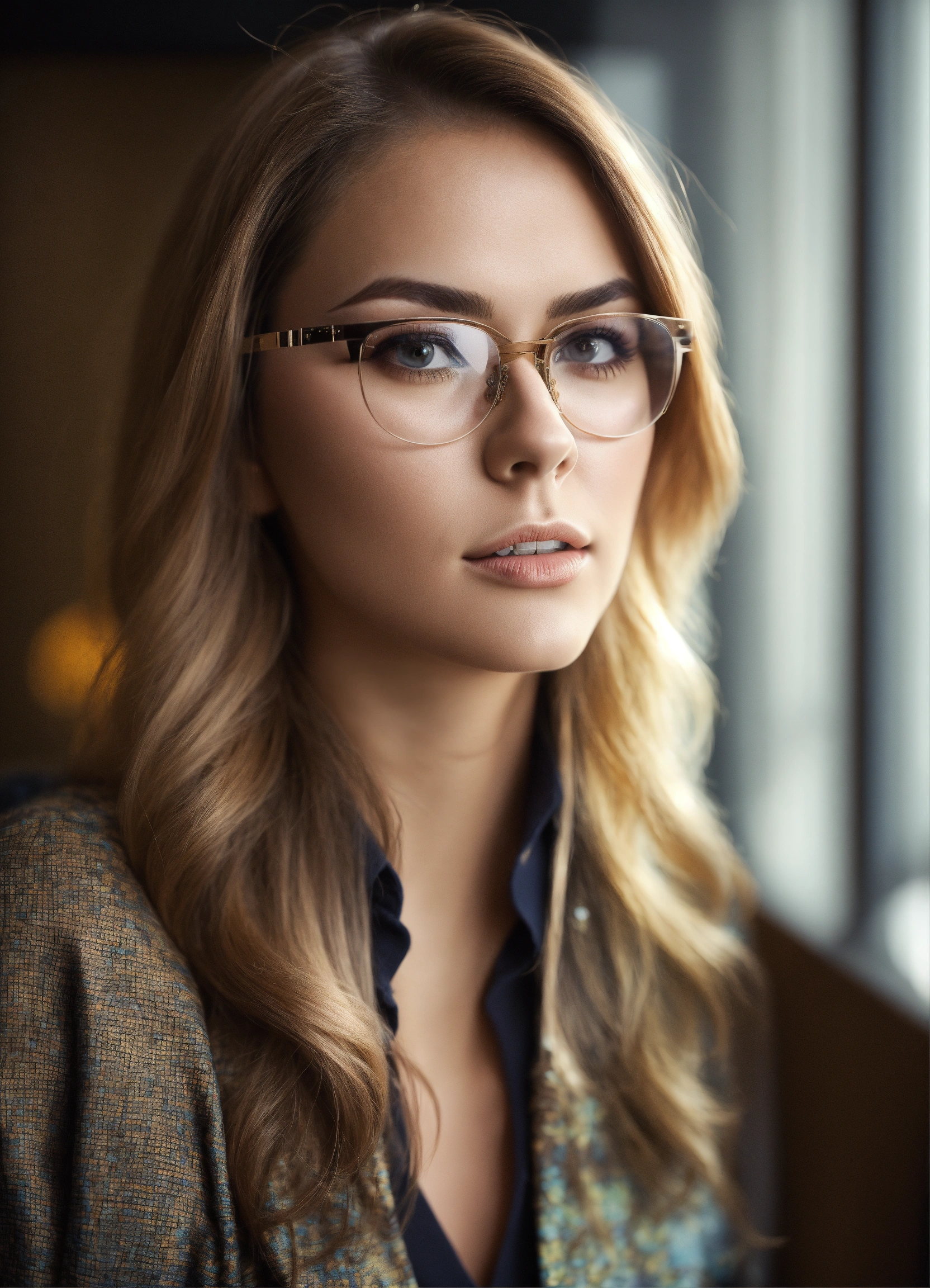 Lexica Beautiful women, fashion portrait modeling designer eyeglasses in an office environment