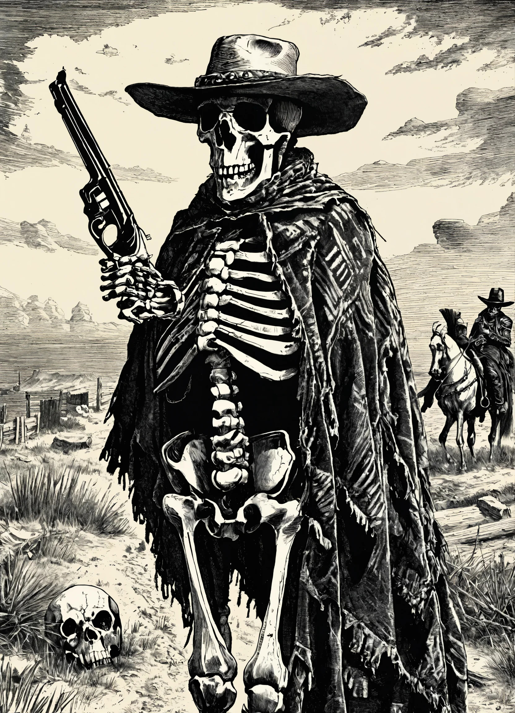 Lexica - Skeleton with poncho leaning on a pistol like outlaw territory ...