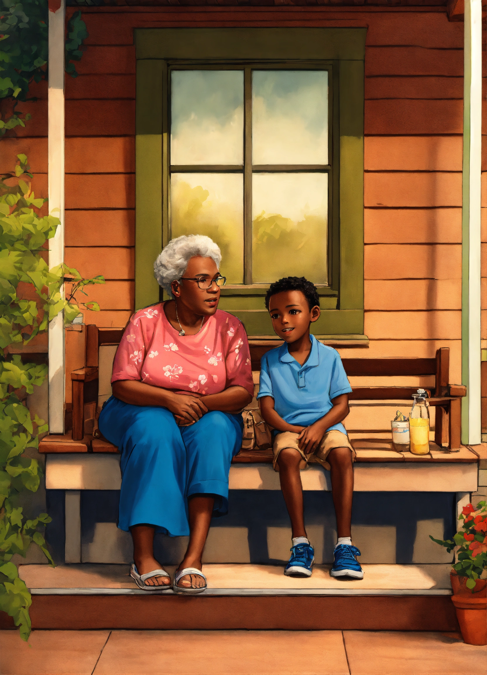 Lexica - Realistic Cartoon drawing. Outside, on the porch, a six-year-old  black boy sits on grandma lap.