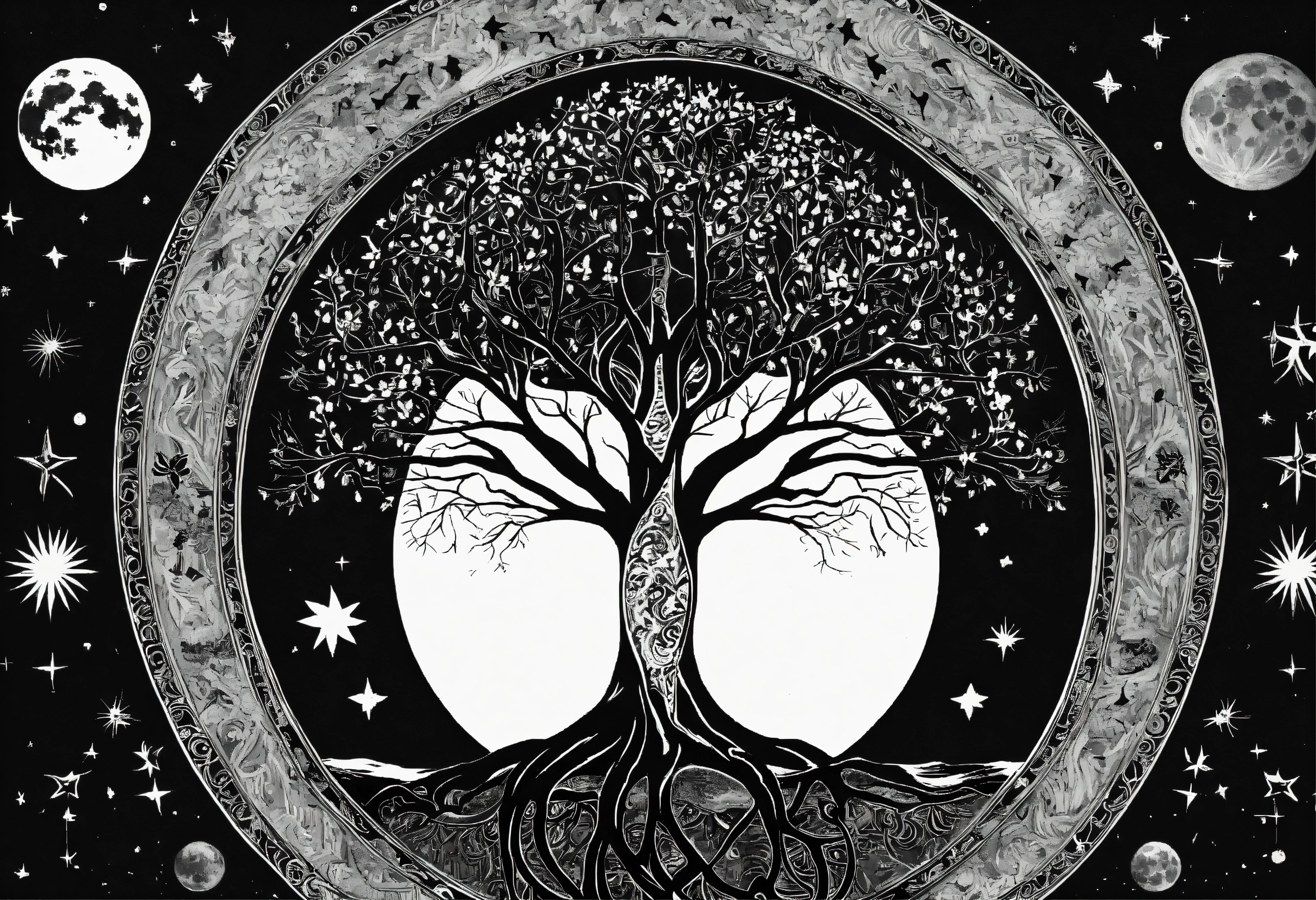 Lexica - Tree of life black and white no leaf with moon sun and stars