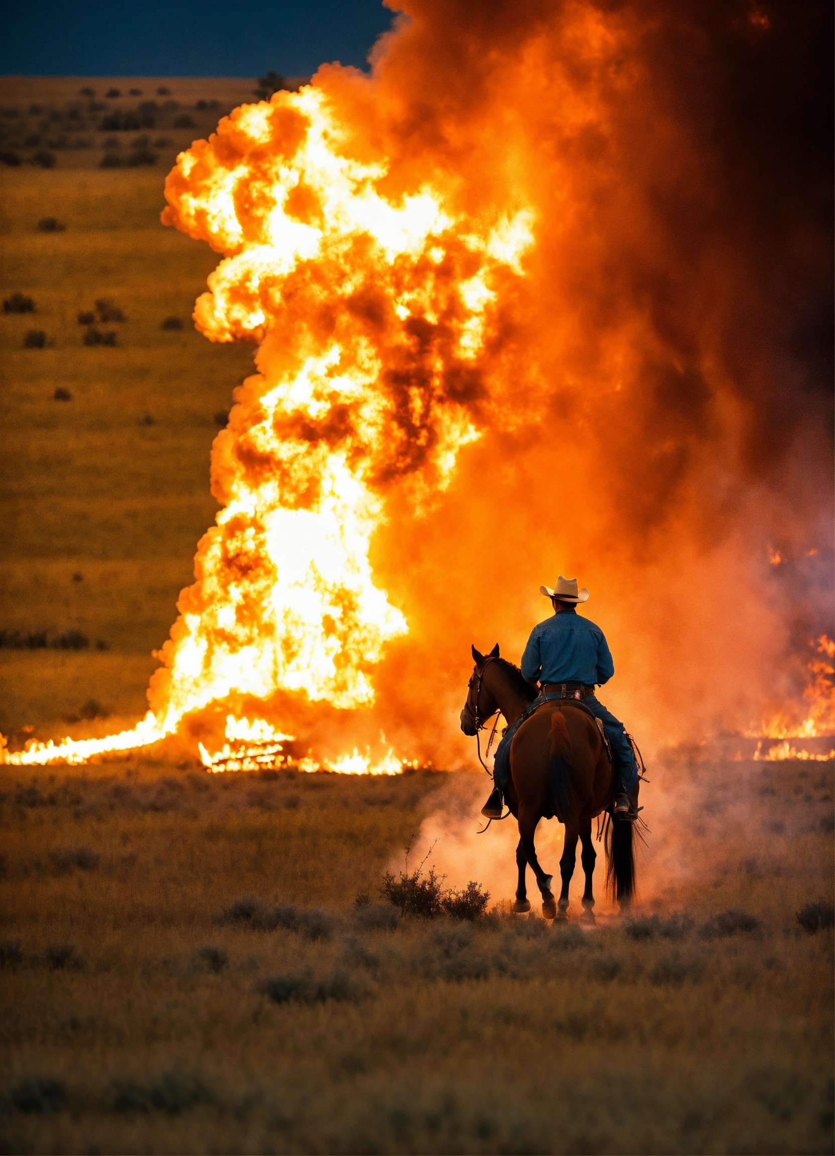 Lexica - Cowboy riding on horse looking at the burning pasture