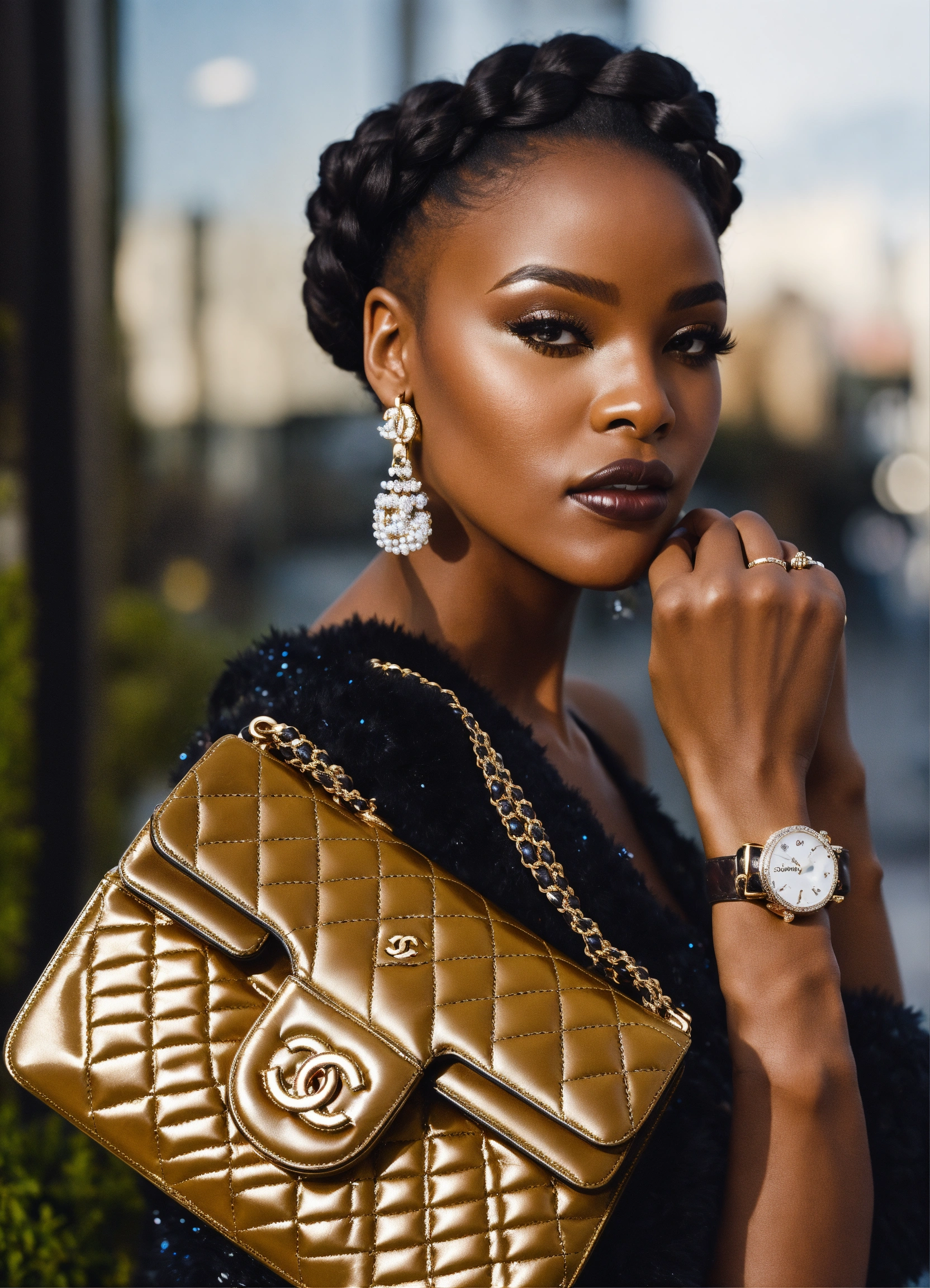 Lexica - Beautiful black woman, chanel outfit and purse, luxury