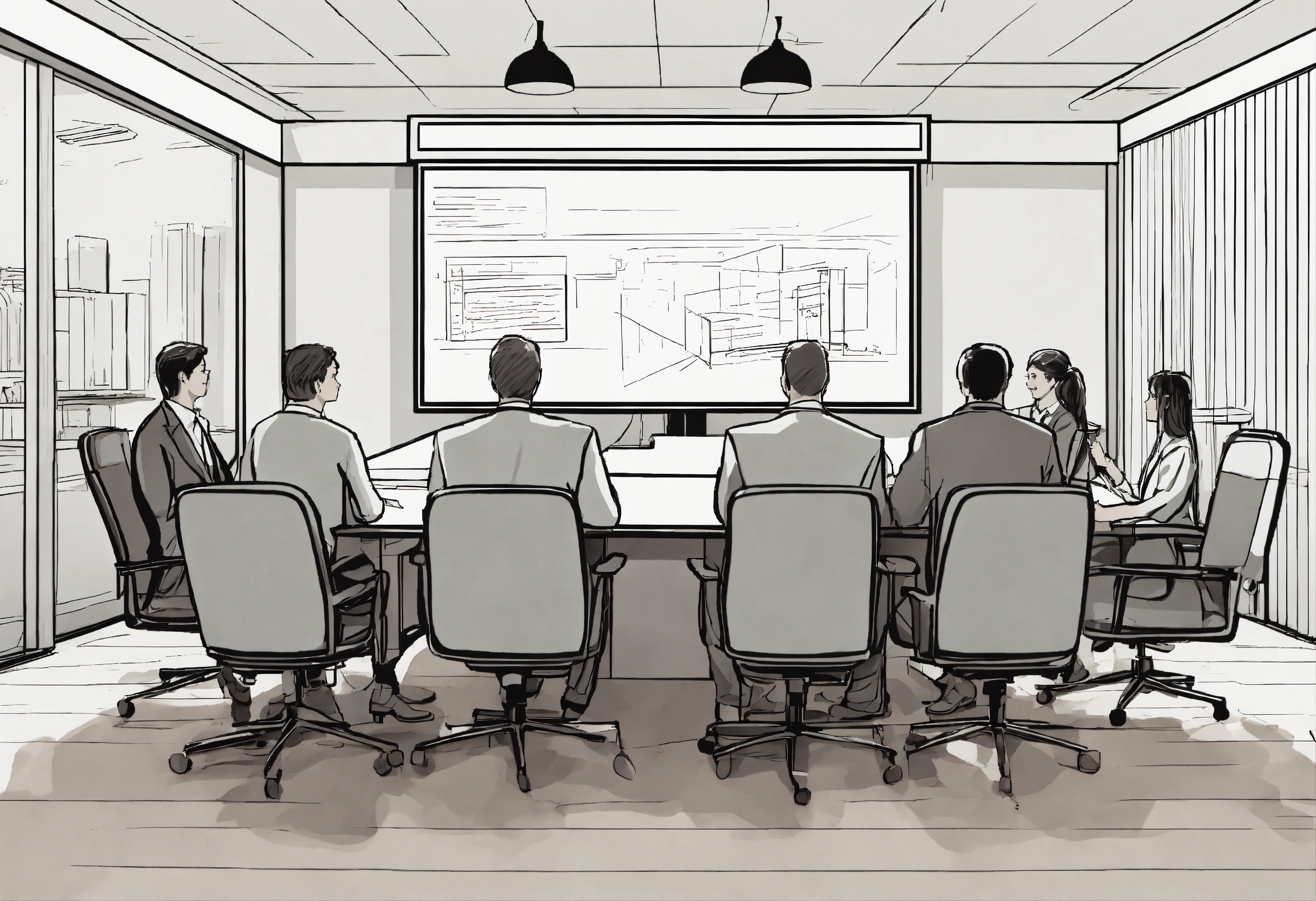 Lexica - Detailed line drawing of a conference room with four people ...