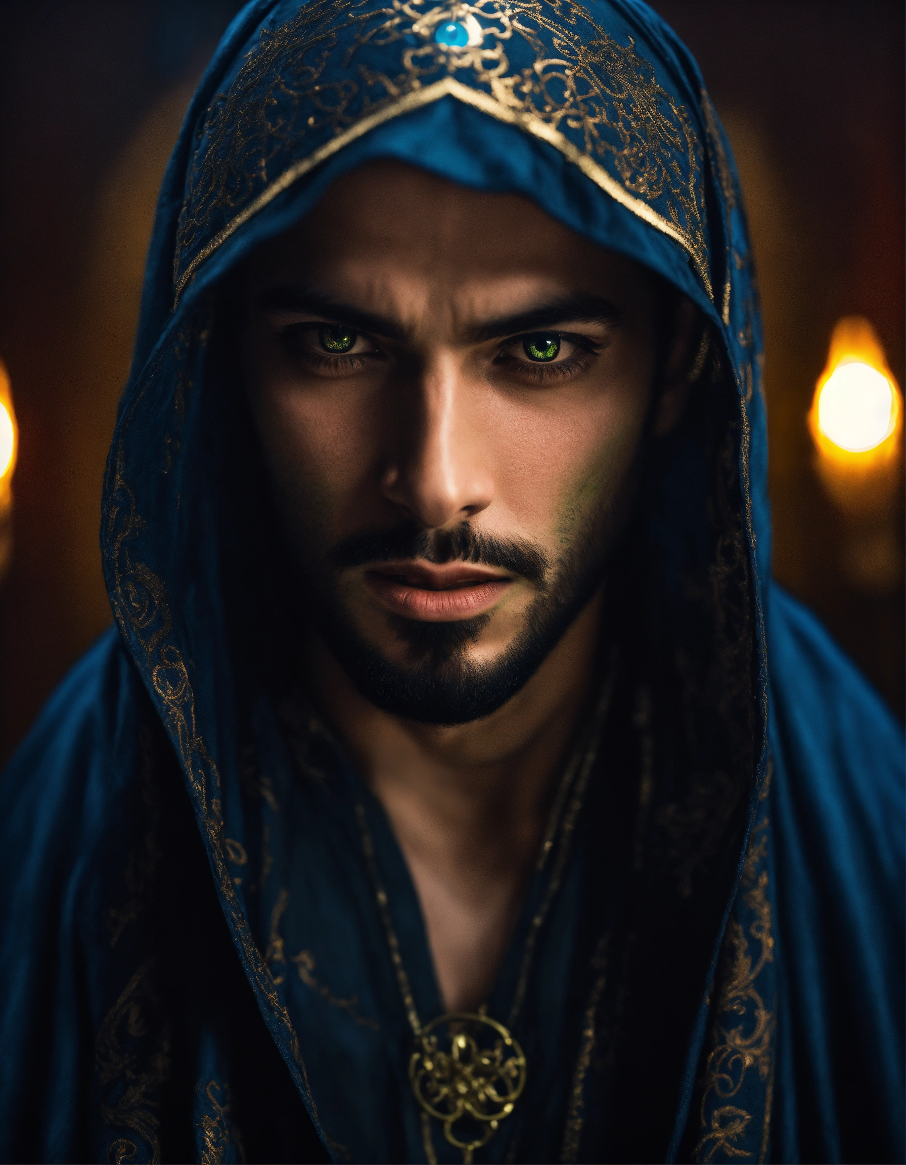 Lexica - Dramatic headshot of a young handsome wicked Arabic sorcerer ...