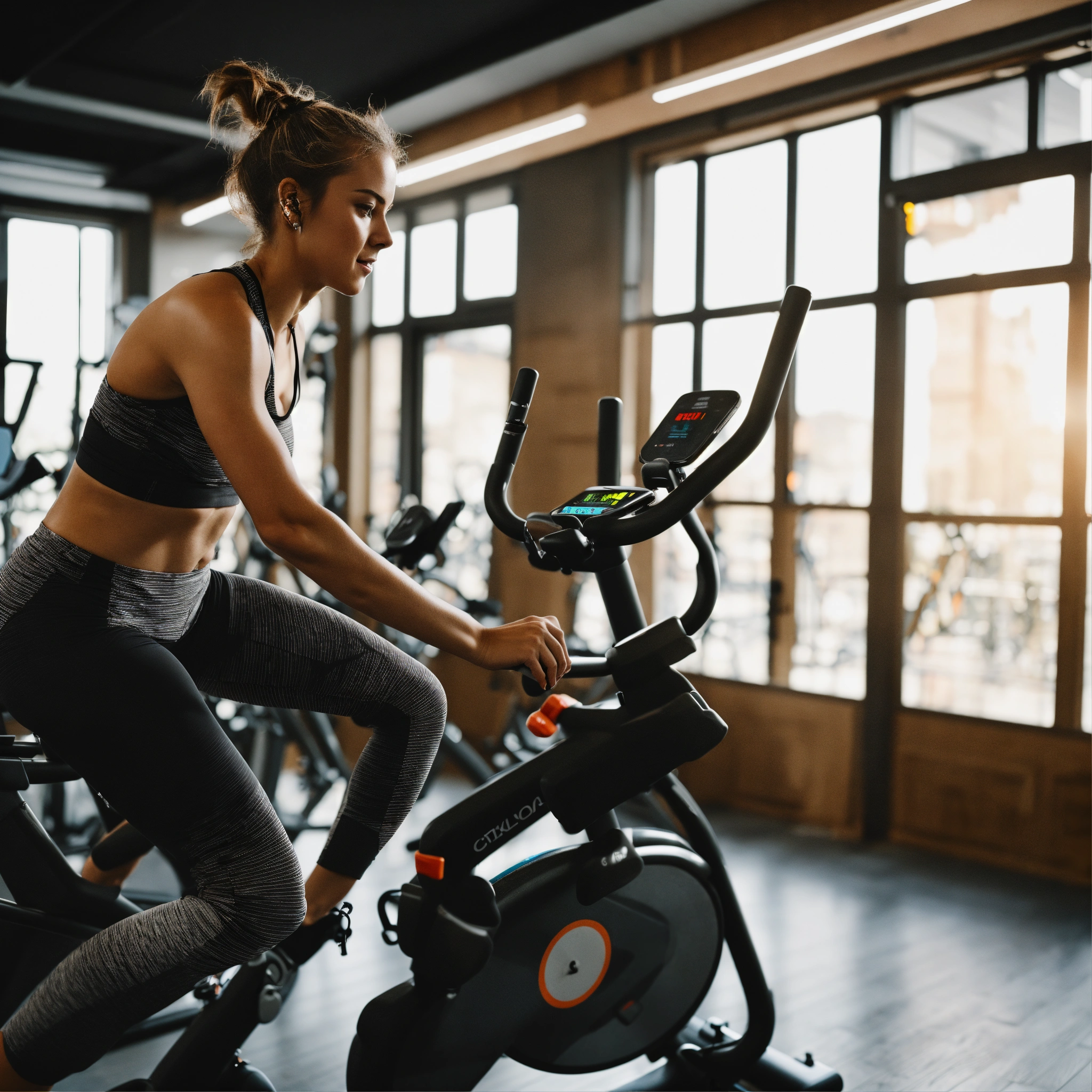 Lexica - A photo of a person riding a stationary bike. The person is ...