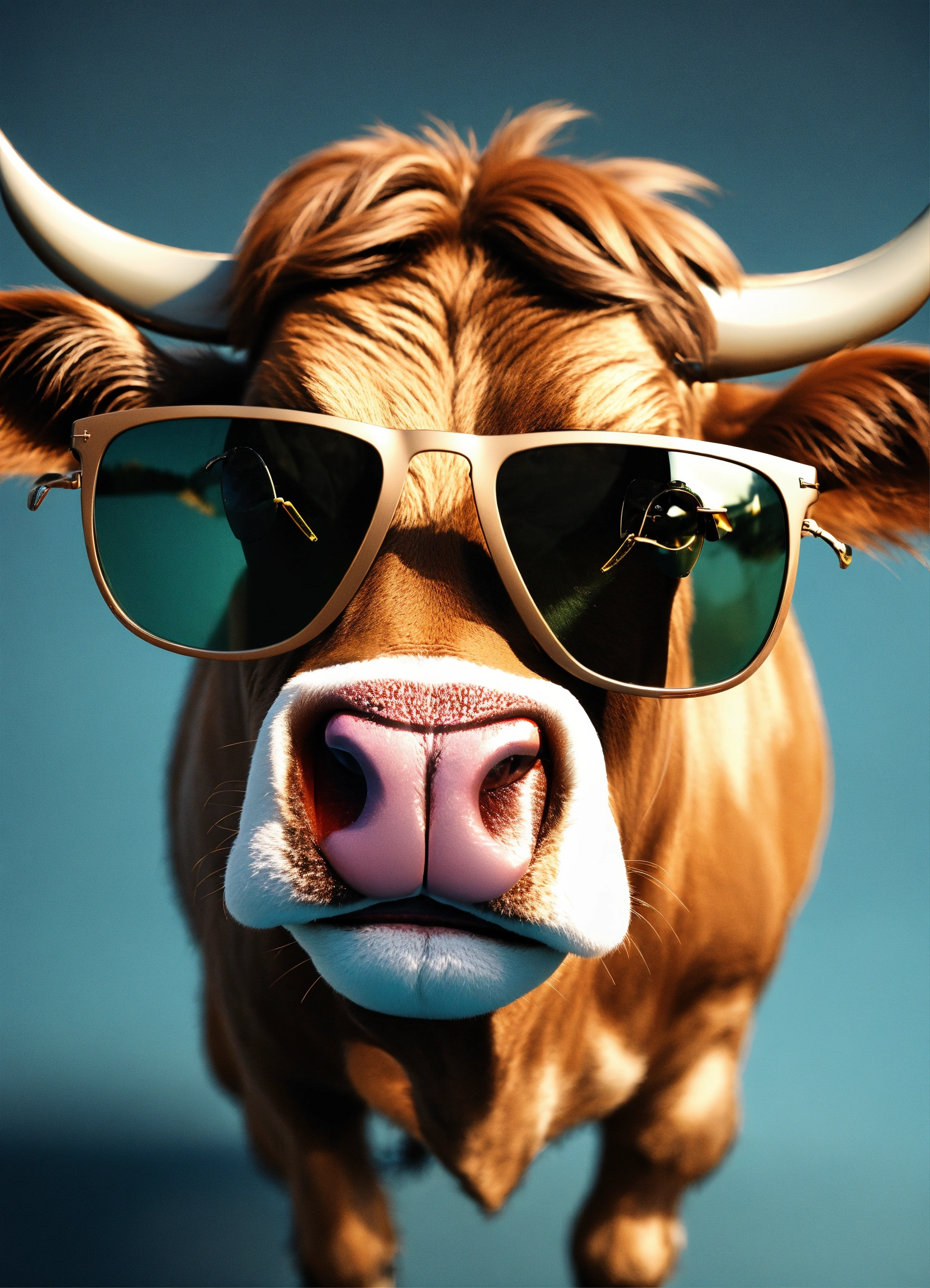 Lexica - Happy bull in sunglasses, front, 8k, realistic