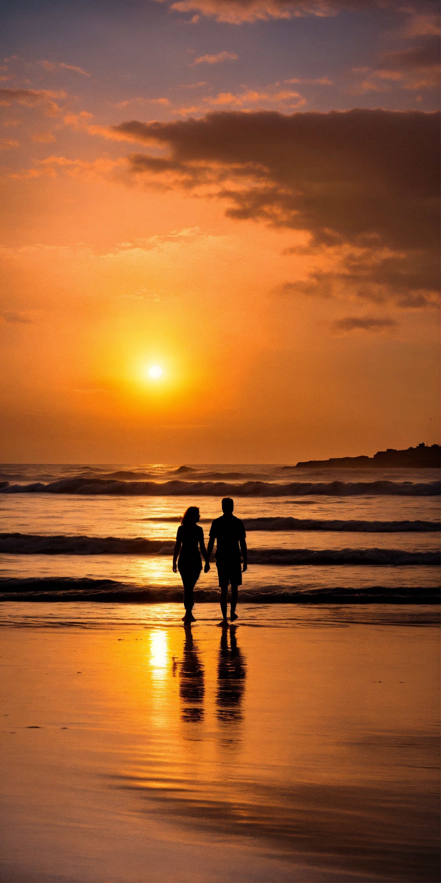 Lexica - A beach at sunset with a couple enjoying the sea and the ...