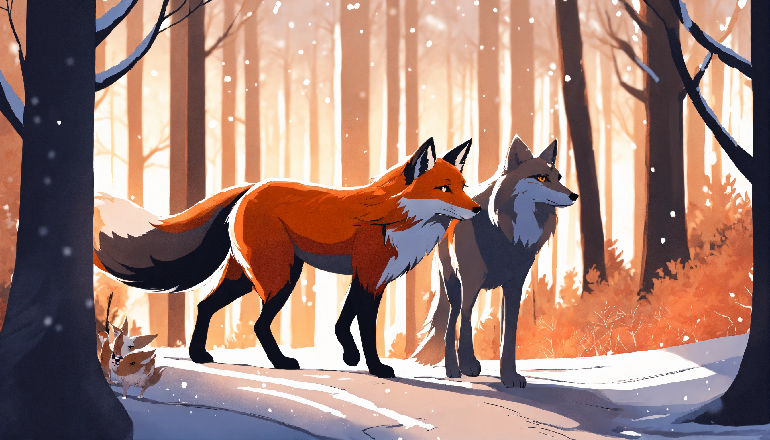 Lexica - A cartoon-style snowy forest edge. A cute fox and a grey wolf ...
