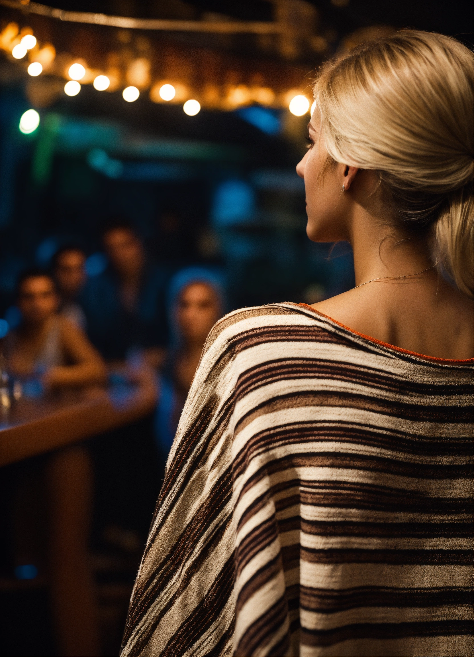 Lexica - Rear back shot, dark mexican bar, young white blond woman, in only  striped poncho and swimsuit, in front of mexican guys, dark backgroud, na...