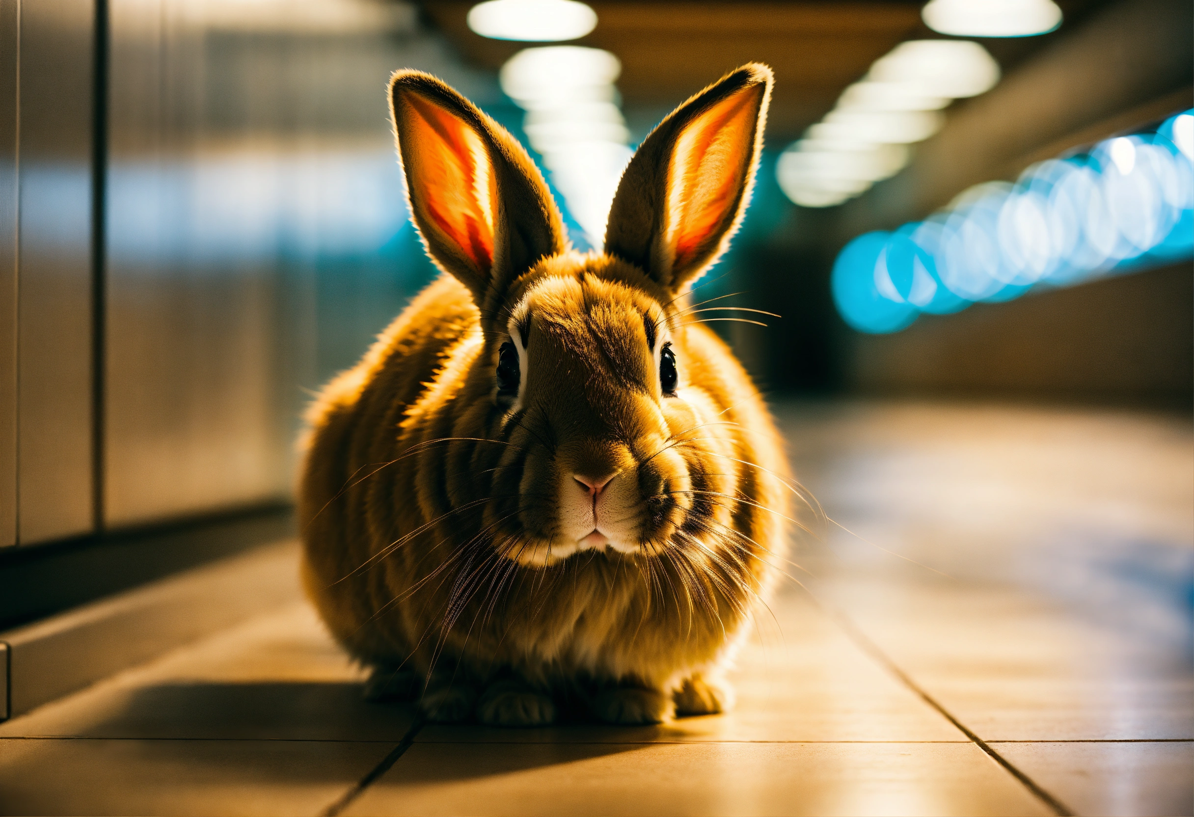 Lexica - Closeup on A bunny in a long illuminated lab hallway, blurred ...