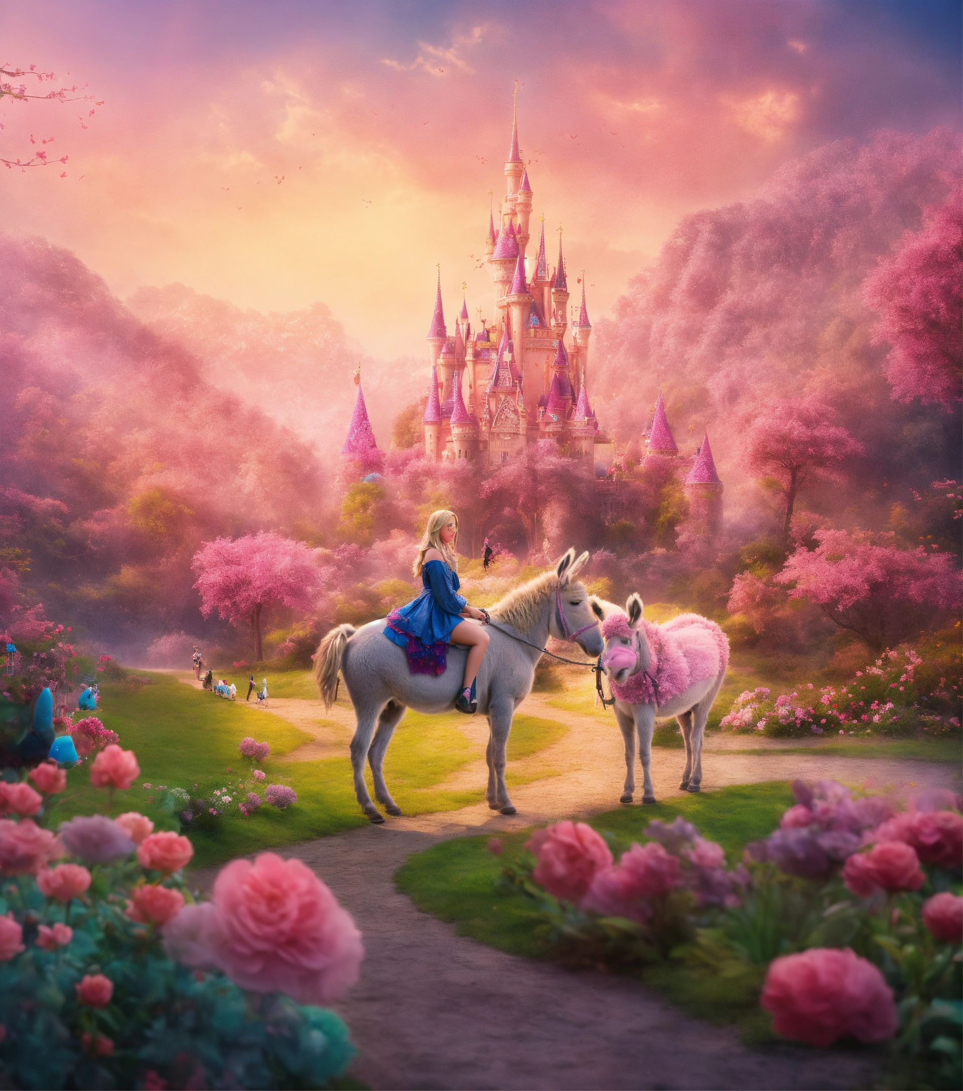 Lexica - A blonde girl rides a pink donkey in a fairytale land
