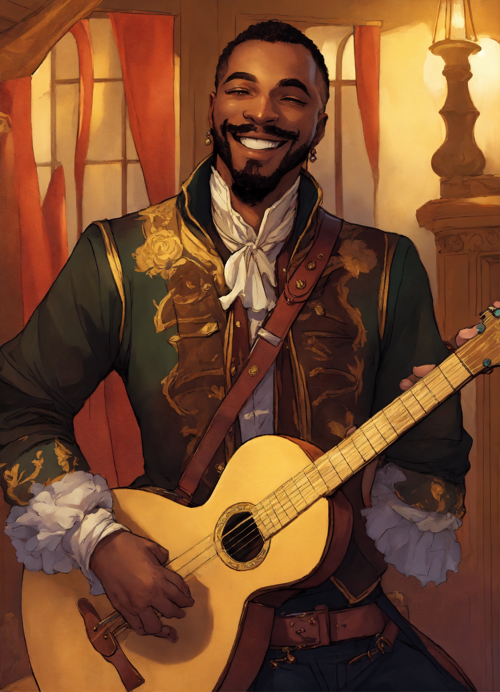 Lexica - A grinning black bard entertainer, fantasy setting, graphic ...