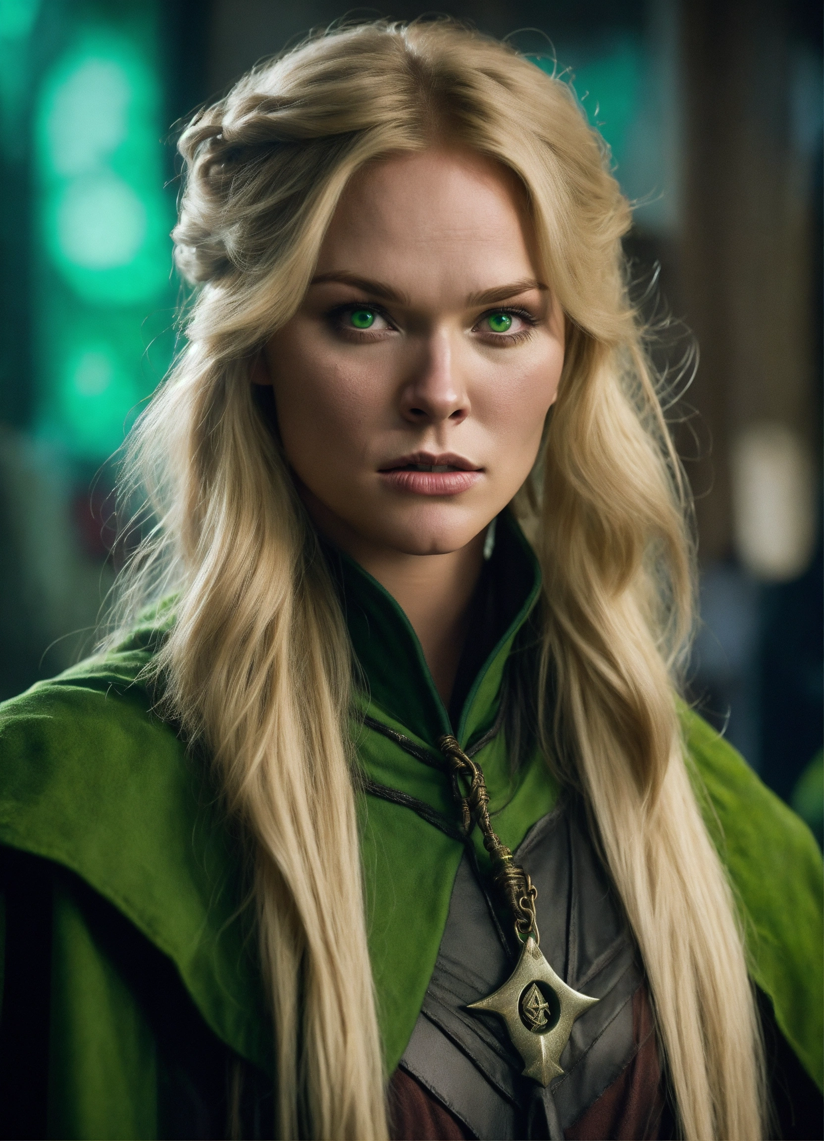 Lexica - A blonde straight hair with green eyes women wears witch ...