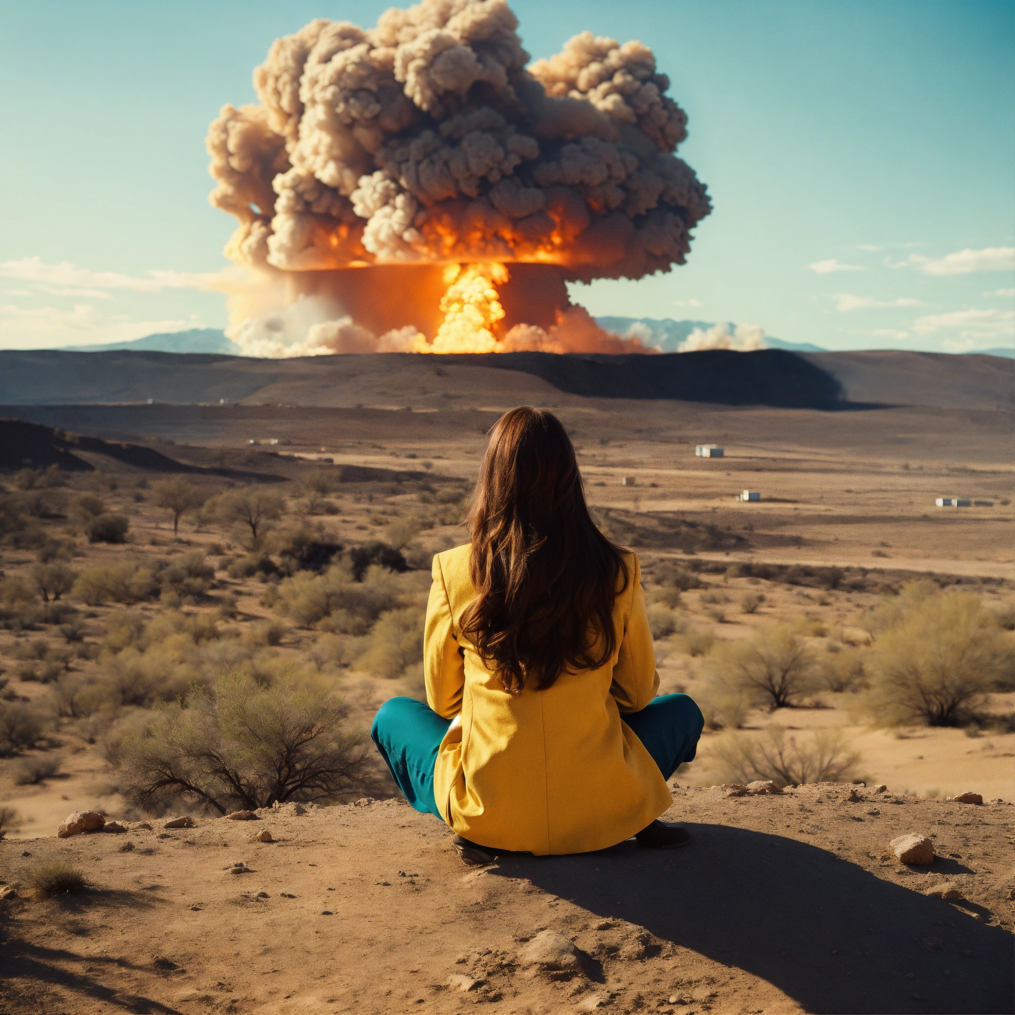 Lexica - A photograph of a woman with long brown hair sitting on a hill ...