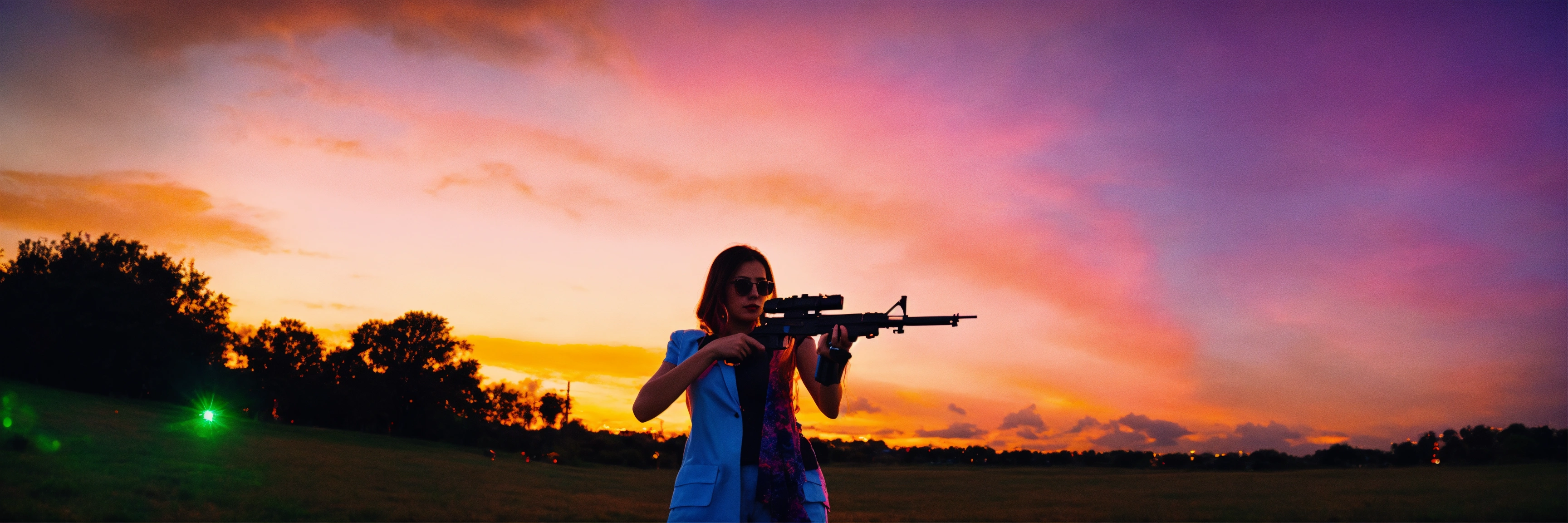 Lexica - Woman holding a pistol in front of a colourful sky