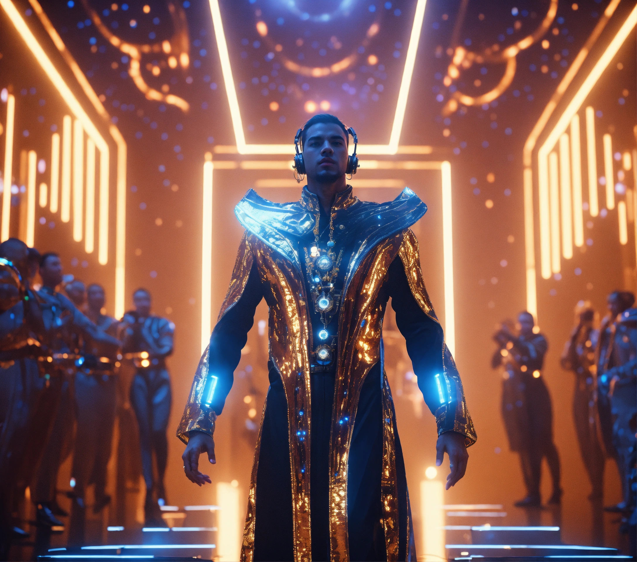 Lexica - Zoom out from a male humanoid wearing a fancy space robe with ...