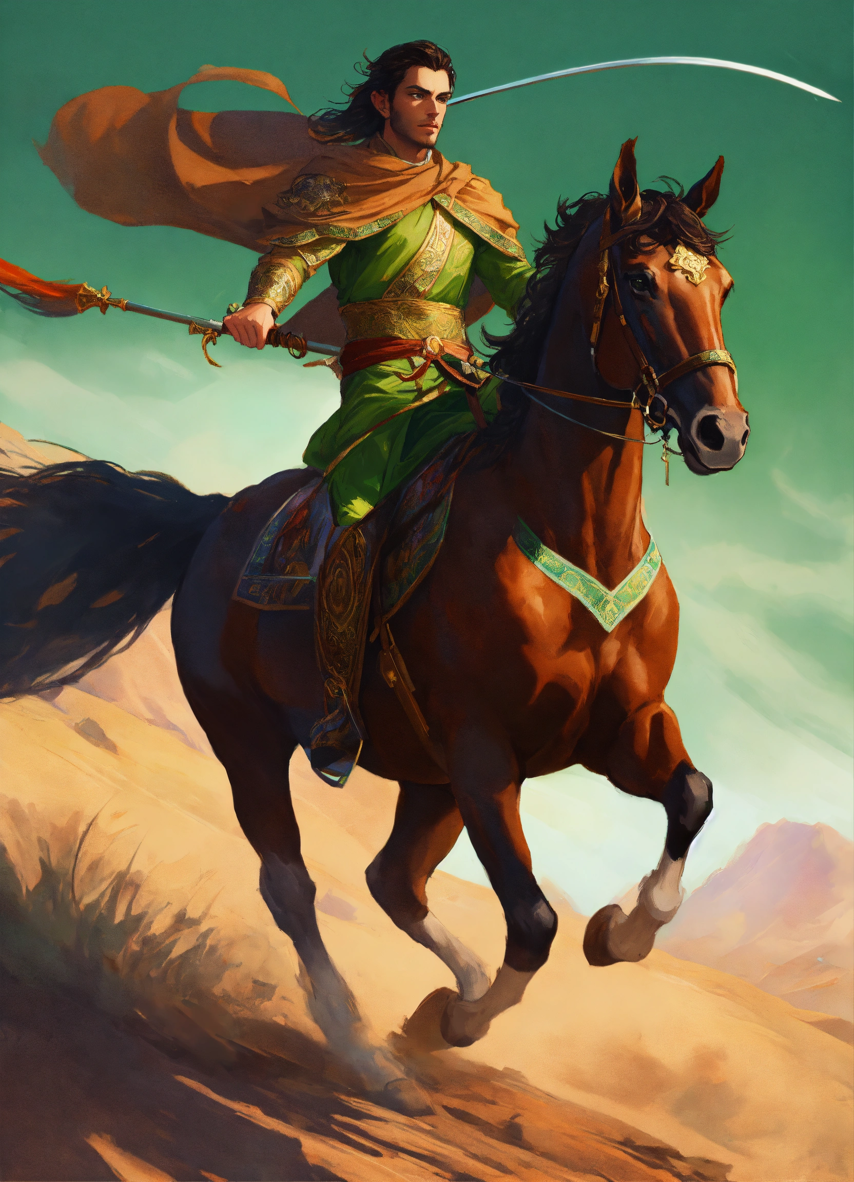 Lexica - A Persian elf male light cavalryman charging with Sabre riding ...