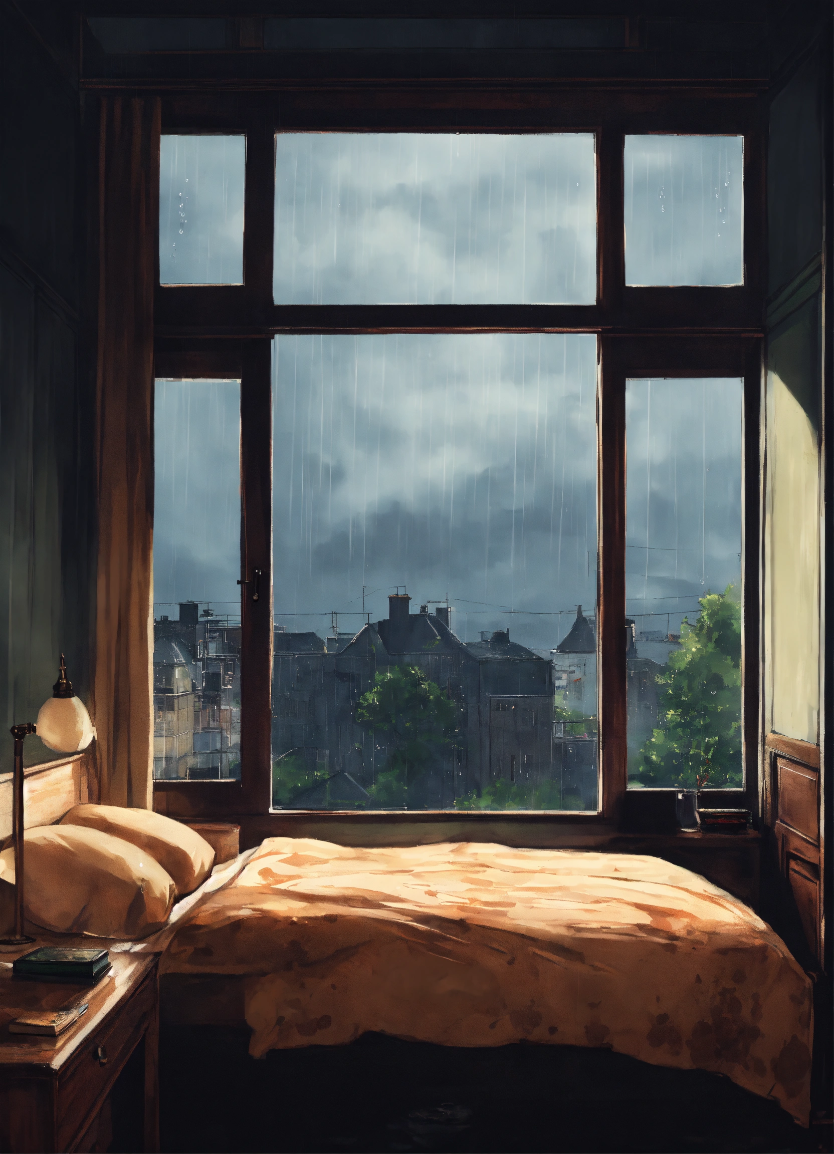 Lexica - In a room next to the window, on the bed a bug is lying on his ...