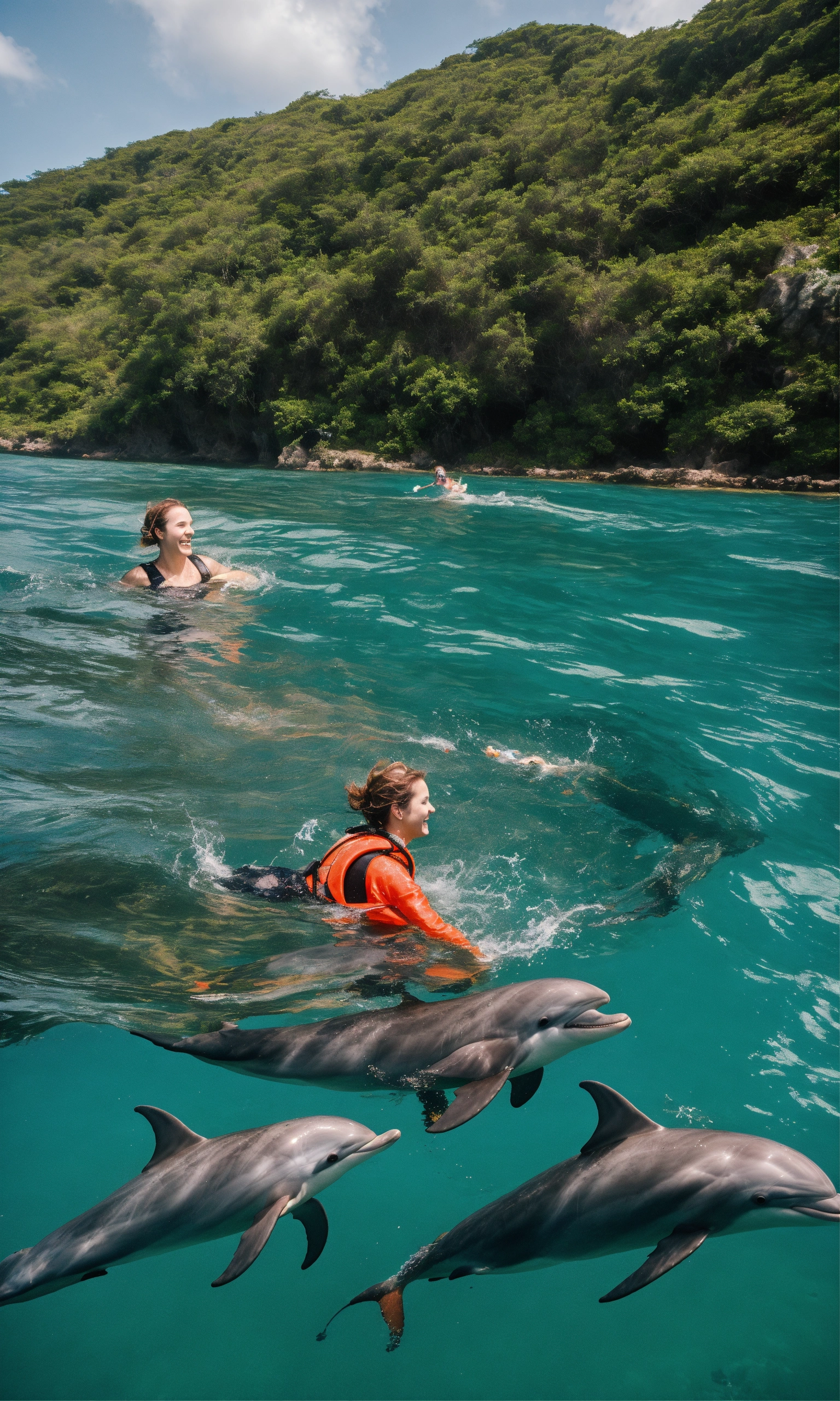 Lexica - A woman adventurously swimming with dolphins in the ocean.