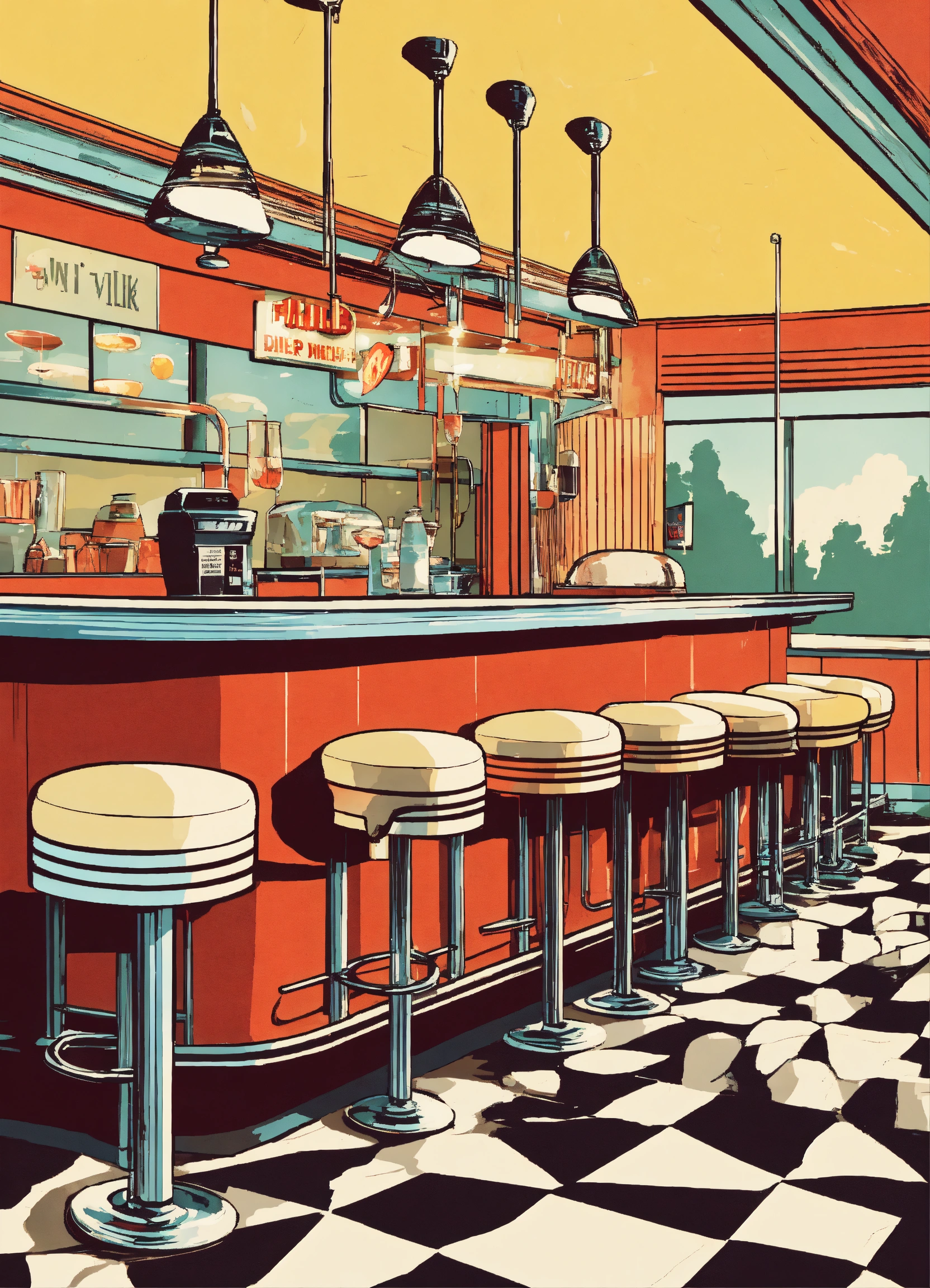 Lexica - A retro diner counter with swivel stools, serving up ...