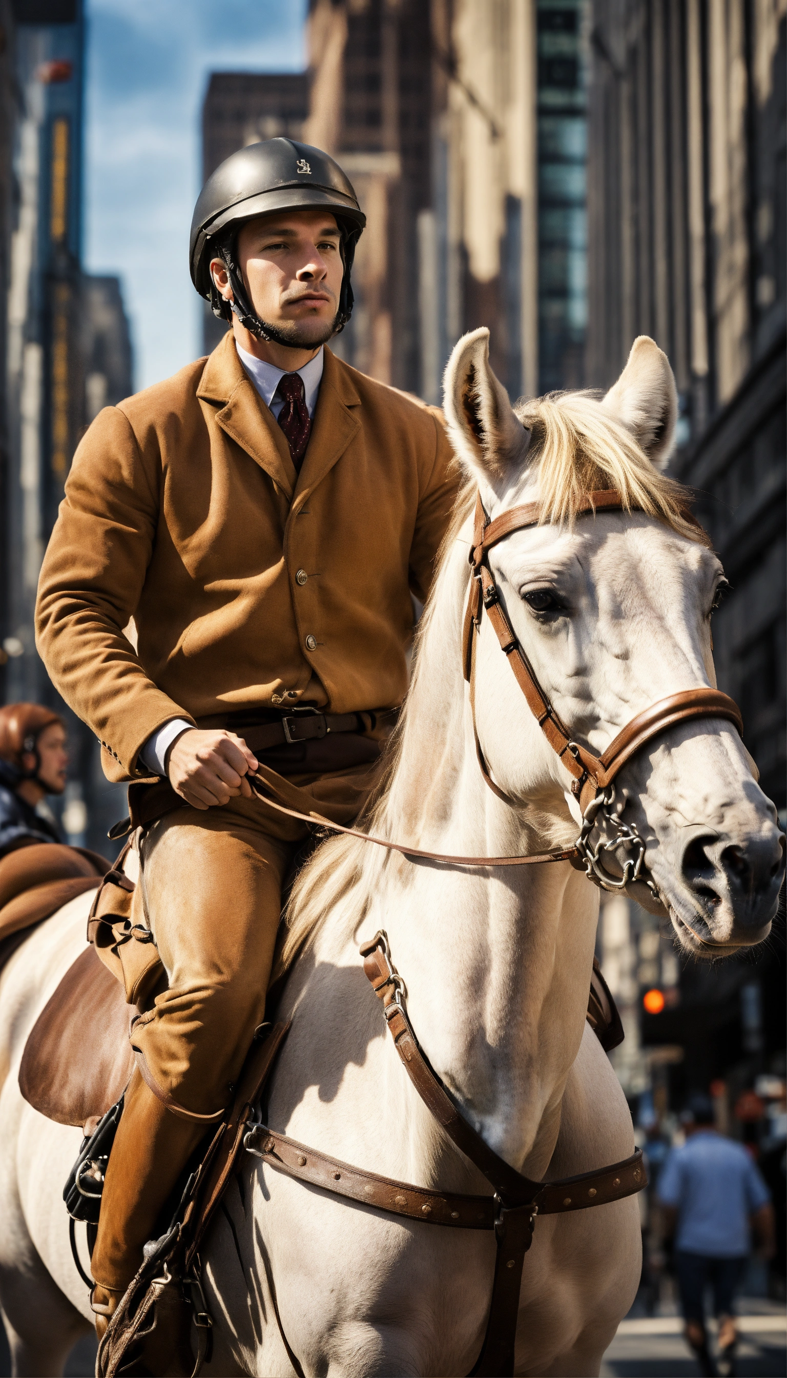 Lexica - Realistic photo of a white-skinned man riding a horse in the ...