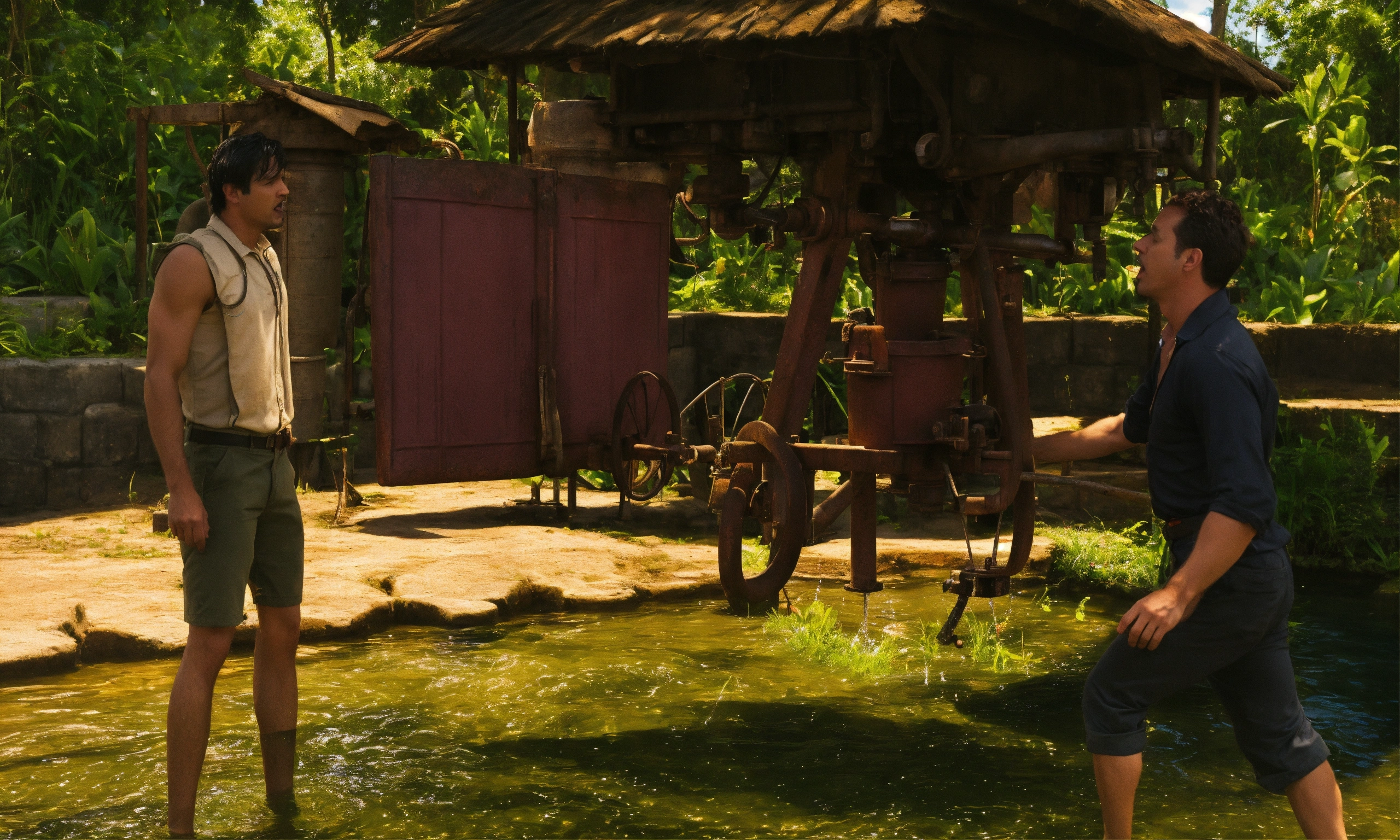 Lexica - Add to the image I liked two men arguing next to the water well