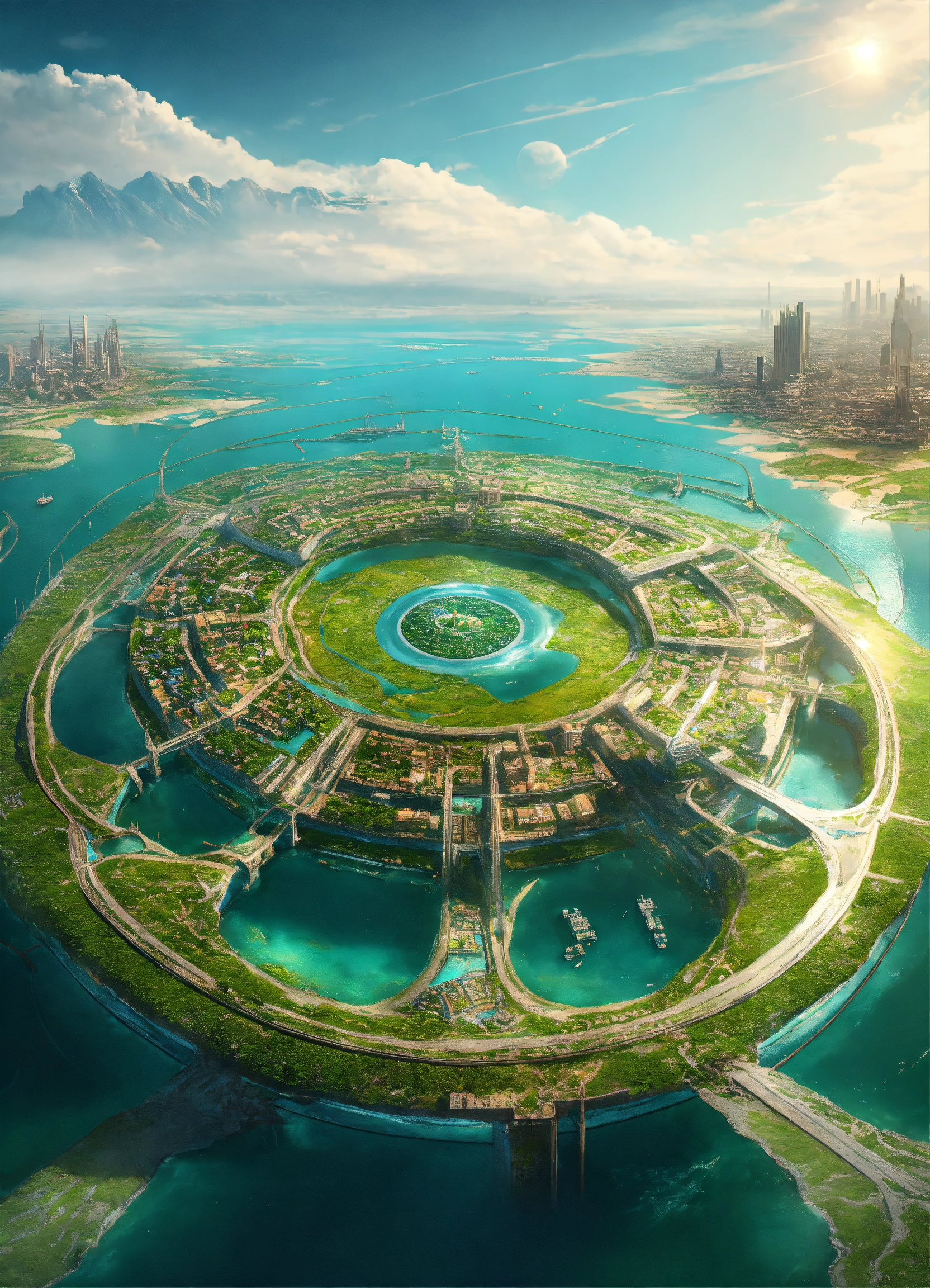Lexica - Futuristic city surrounded by a large ring of water. . the ...