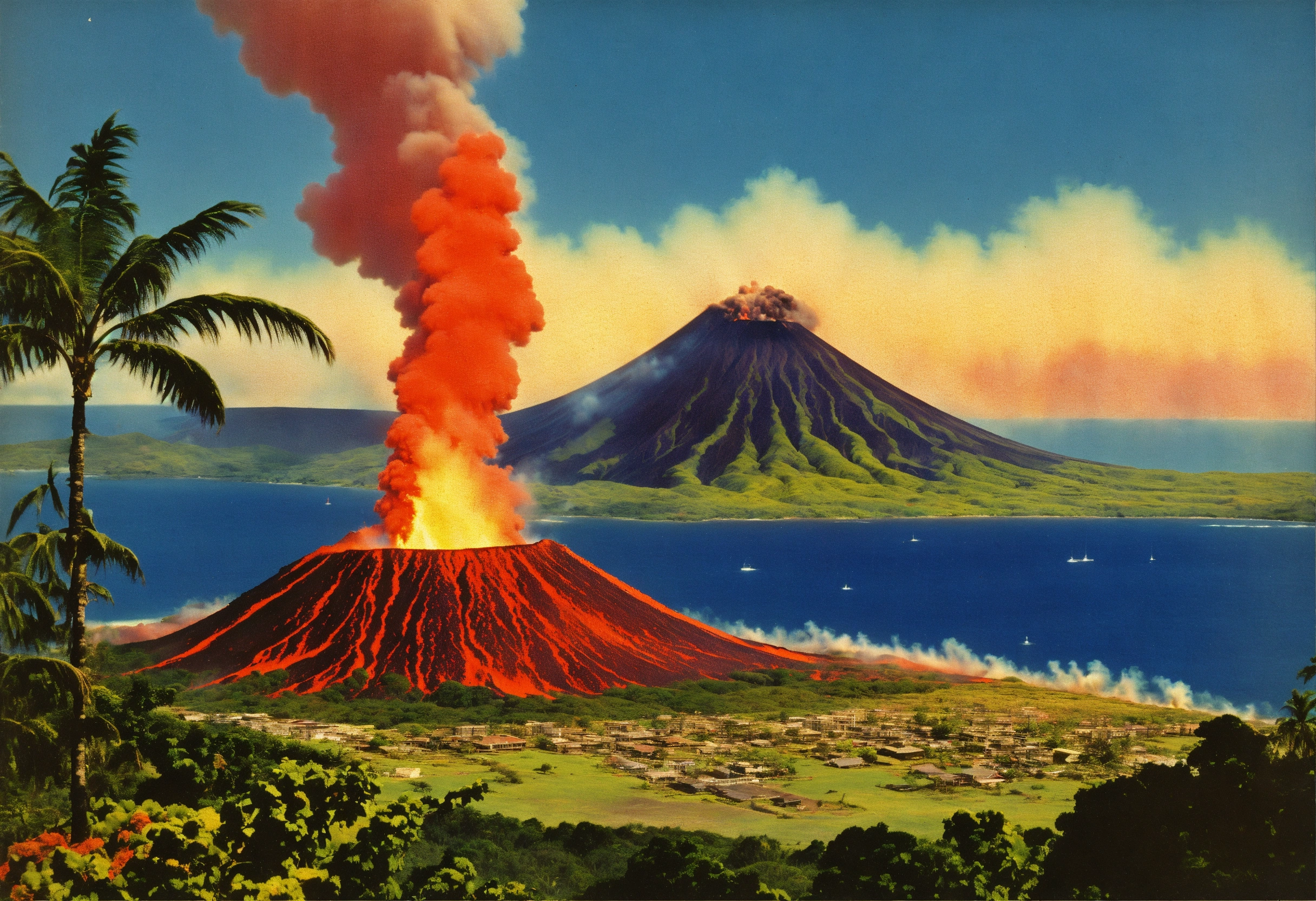 Lexica - A curt teich vintage postcard of a vibrant volcano eruption in ...