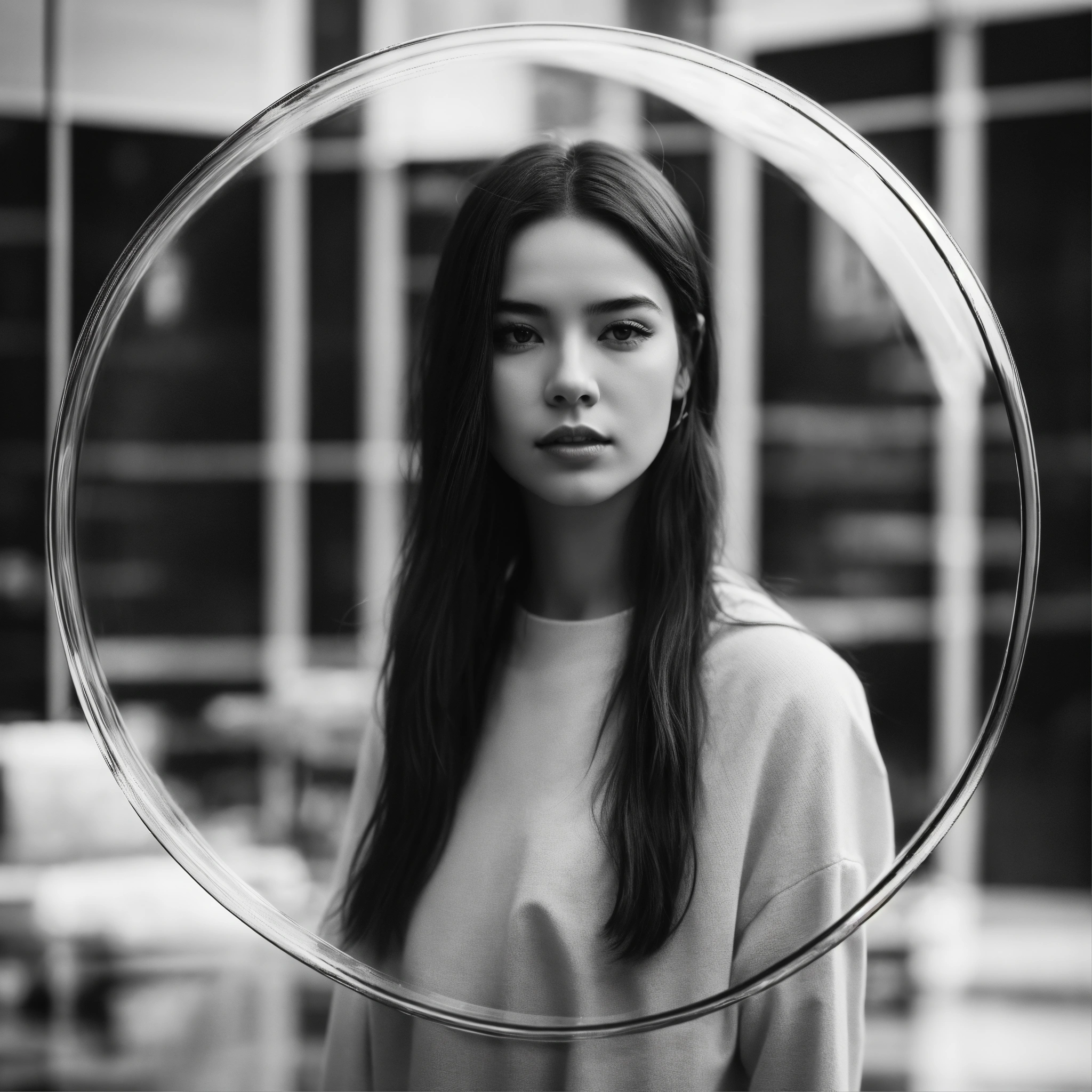 Lexica - Women look in clear looking transparent glass circle, black ...