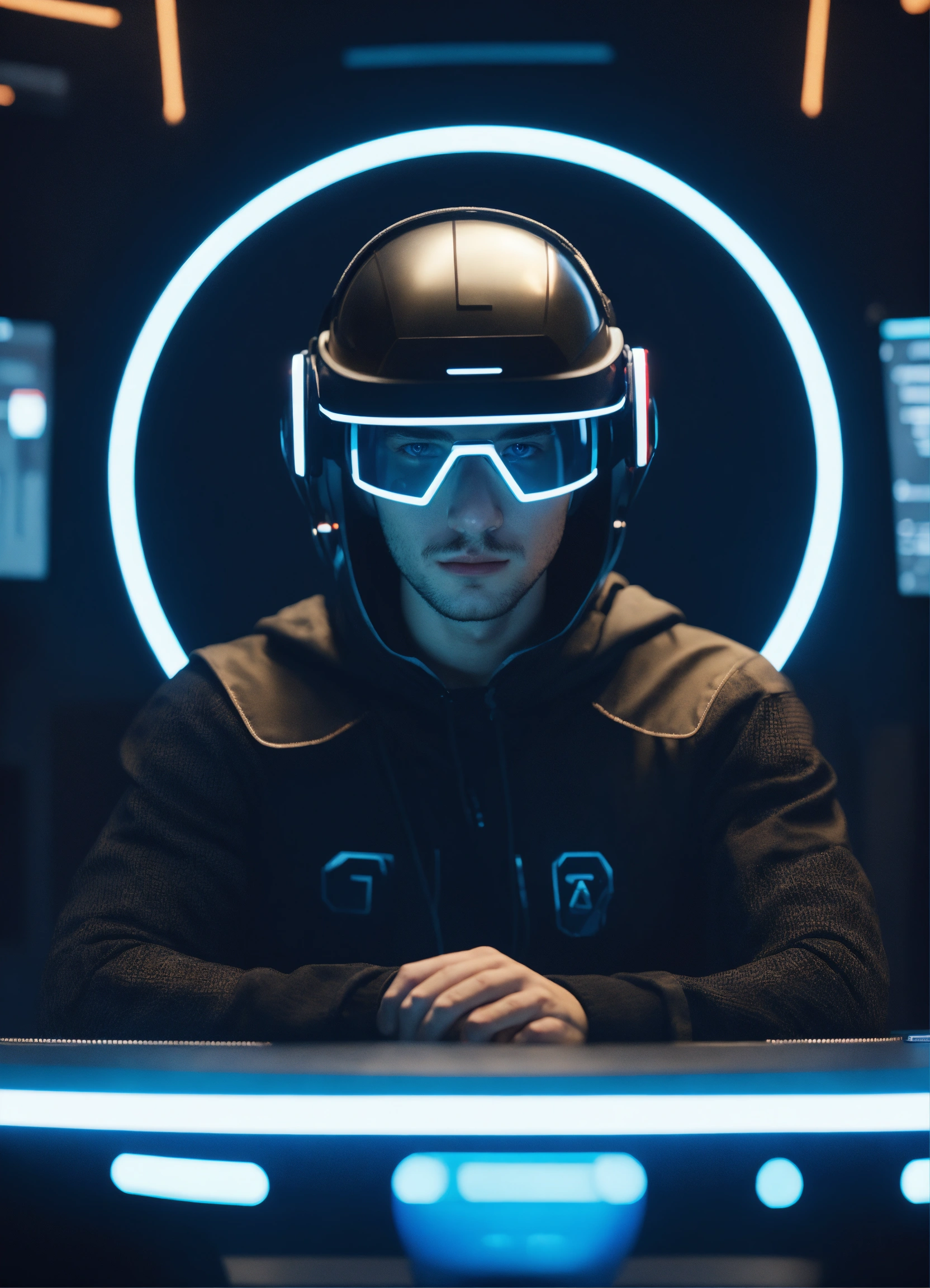 Lexica - Nerdy 25 year old male hacker wearing hi-tech tinted visor ...