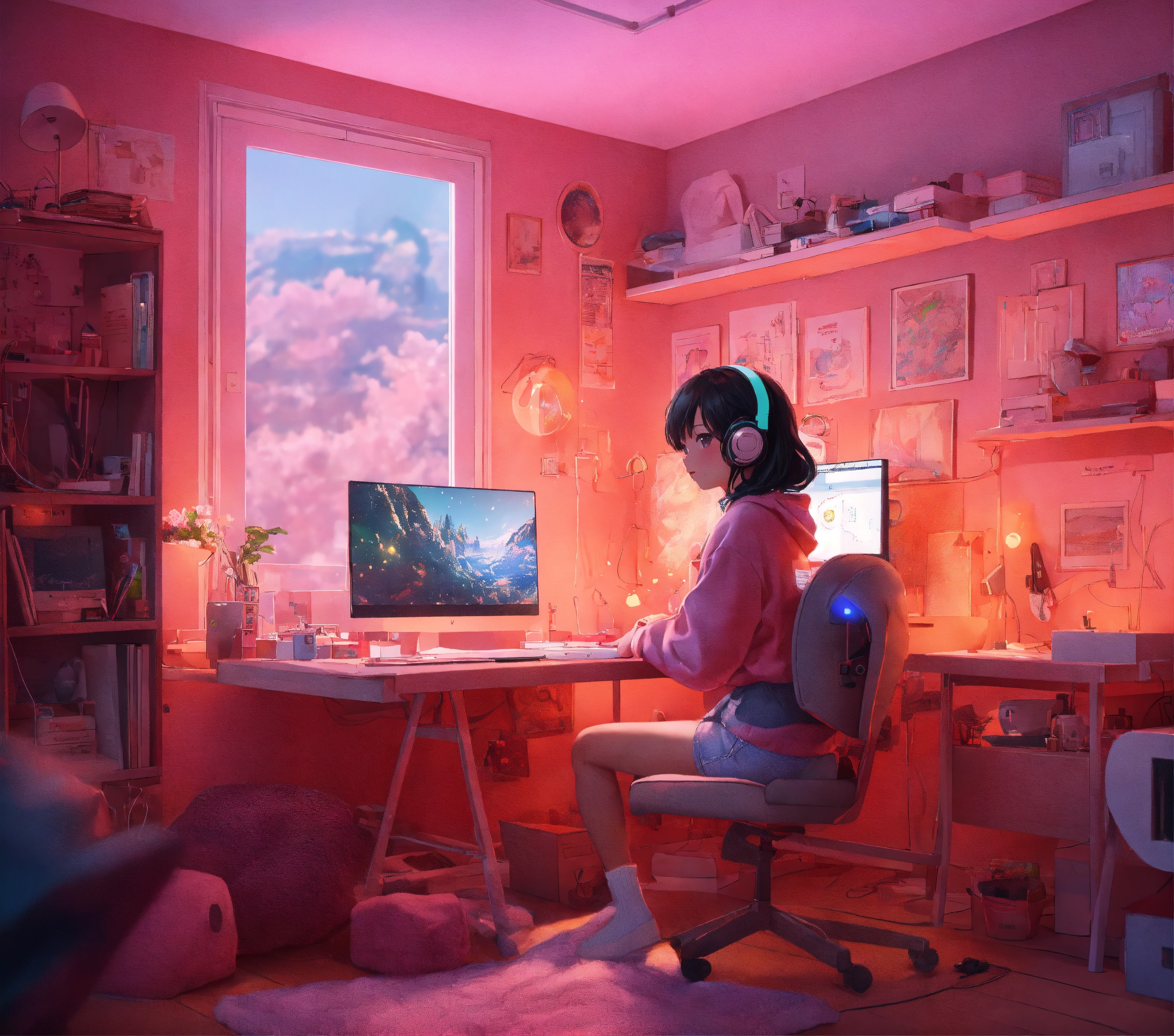 Lexica - Cute lofi girl in front of his computer in her cozy and messy ...