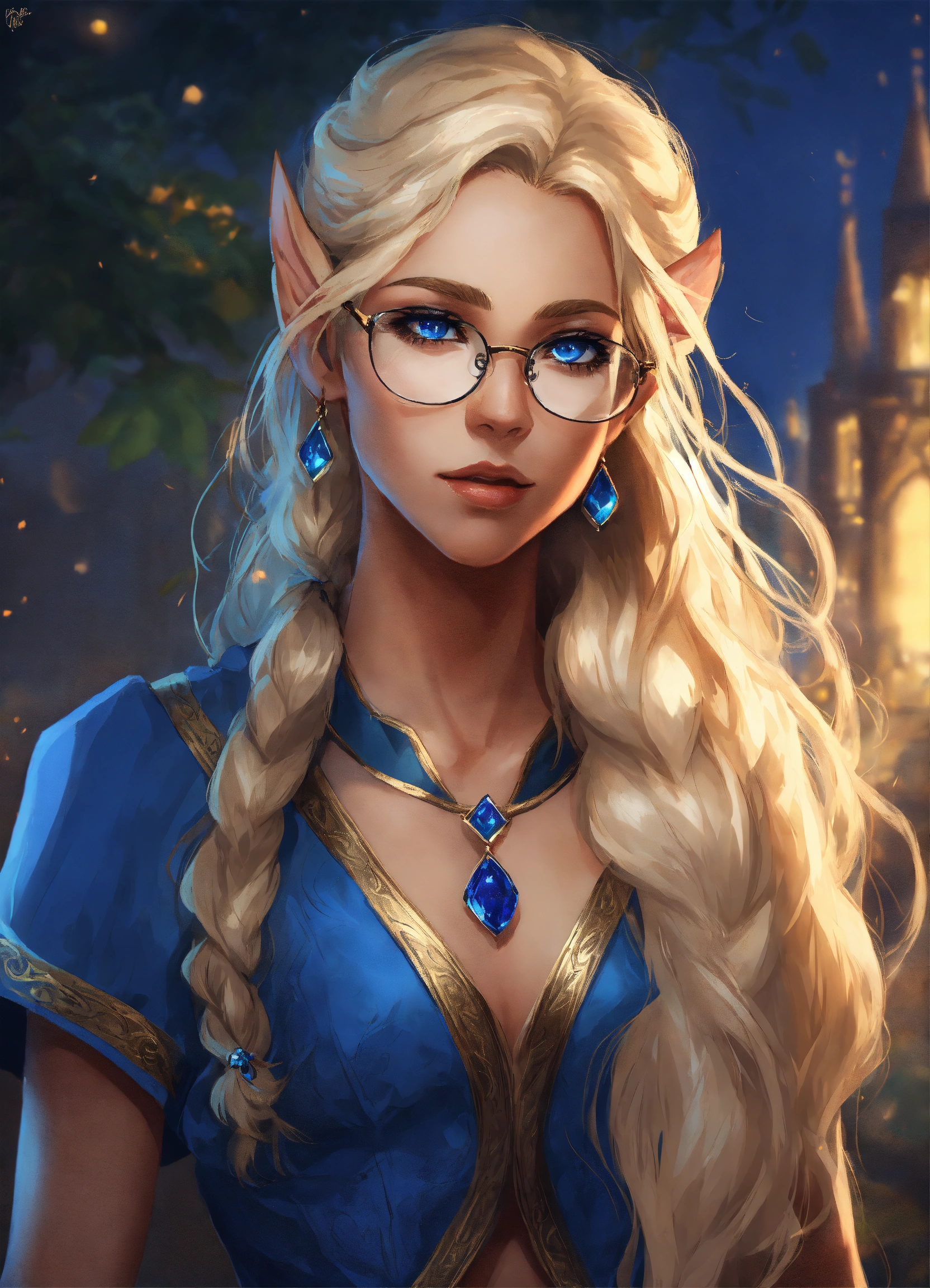 Lexica - A Female half elf with very tanned skin, wearing glasses with ...