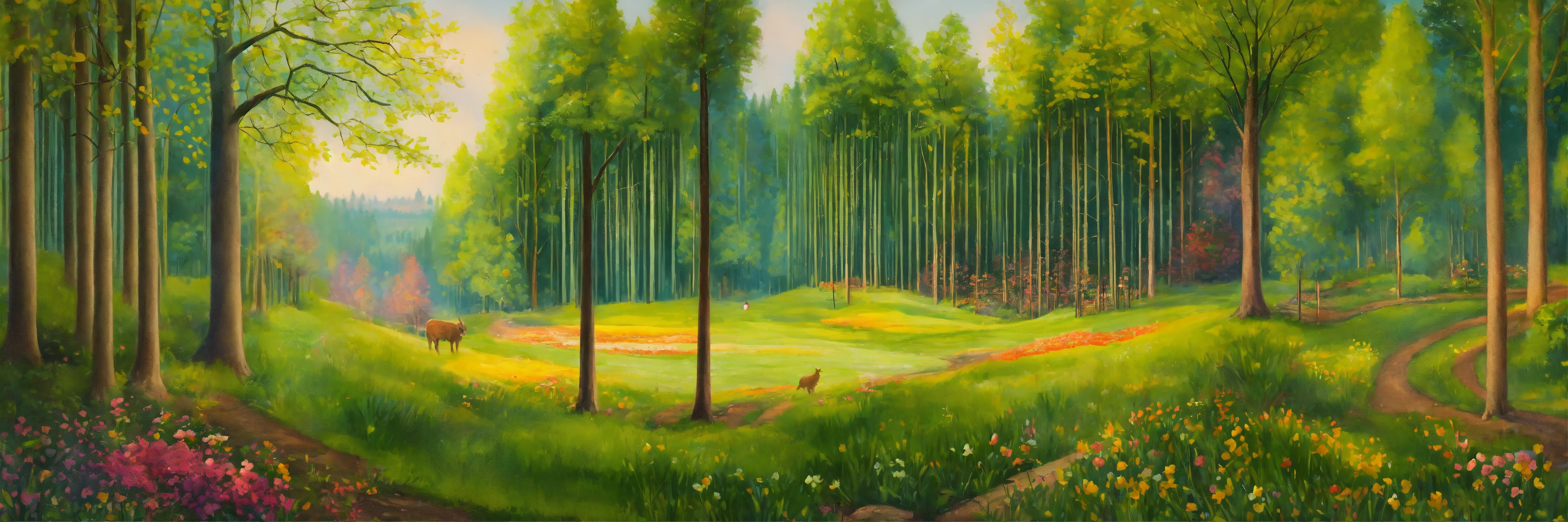 Lexica - A panoramic outdoor scene of woodland that starts off as a ...